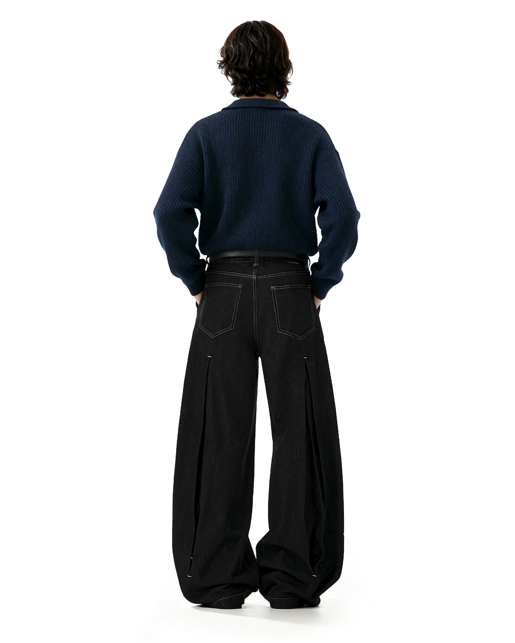 Half-Pleated Dark Wash Contrast Stitch Wide Jeans