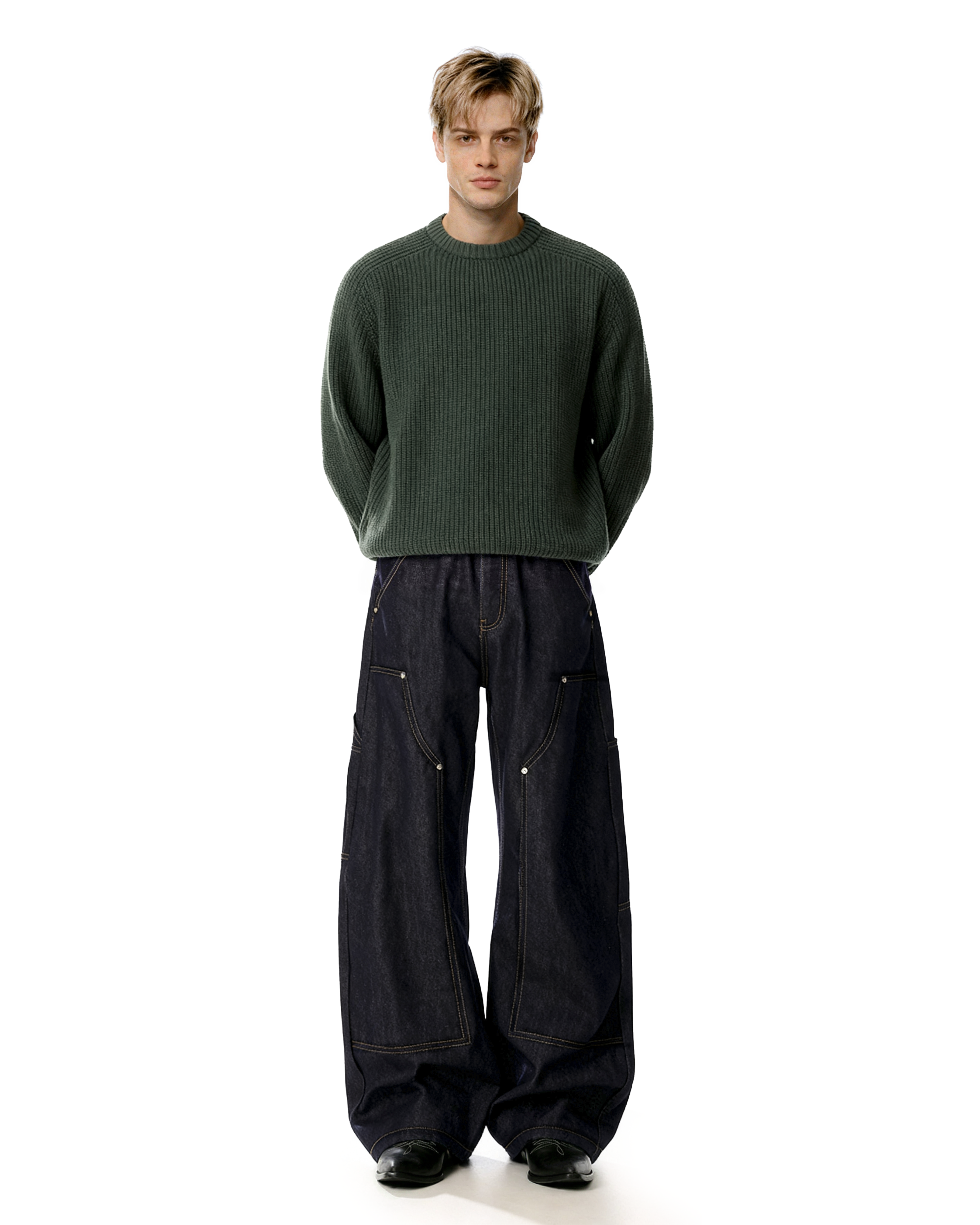 Rivet Detail Wide Leg Contrast Stitch Utility Jeans