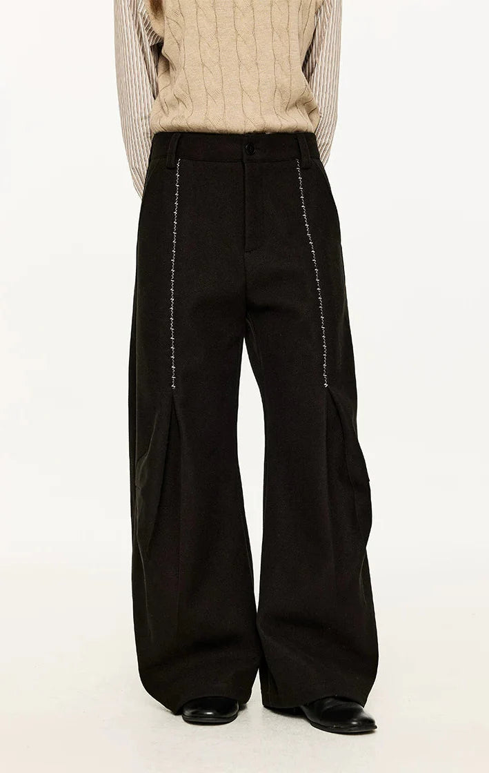 Wide Leg Half-Pleated and Half Contrast Stitch Trousers