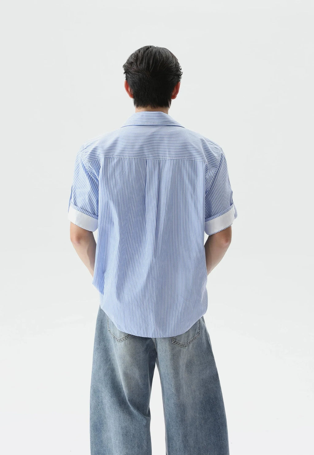 Pinstripe Contrast Short Sleeve Trim Button Shirt