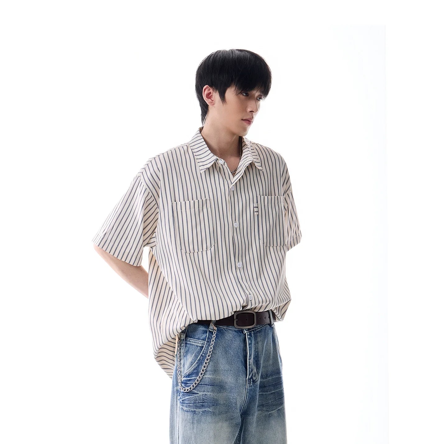 Oversized Stripe Short Sleeve Button Shirt with Chest Pockets