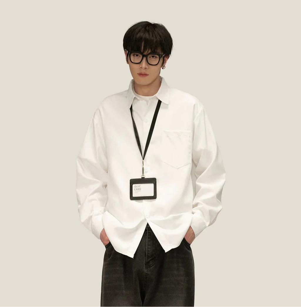 Boxy Long Sleeve Button-Up Shirt with Detachable Tie