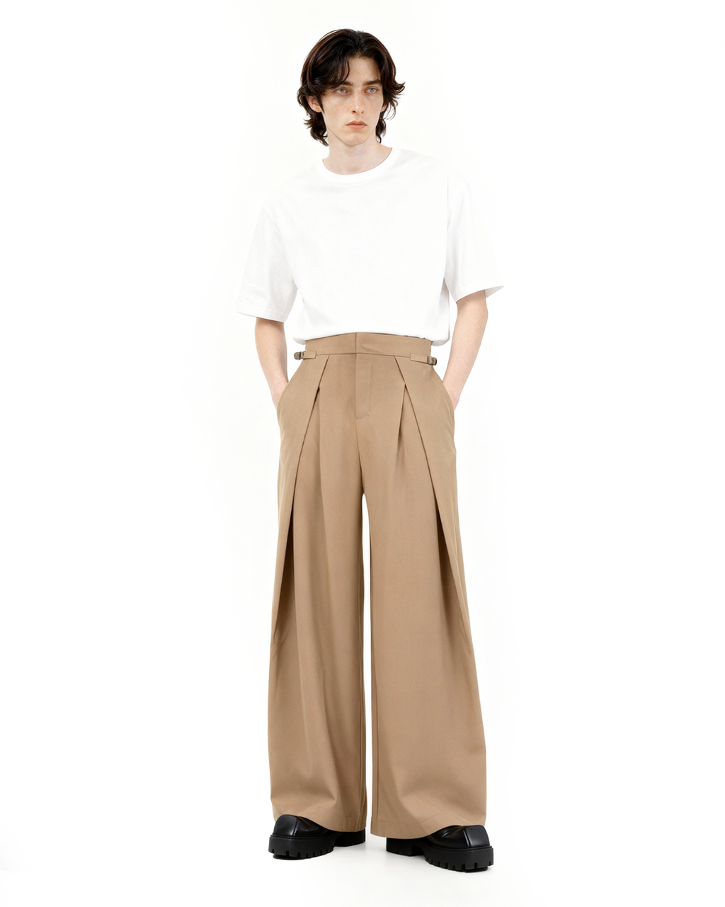 Wide Leg Pleated Palazzo Trousers with Belt Detail
