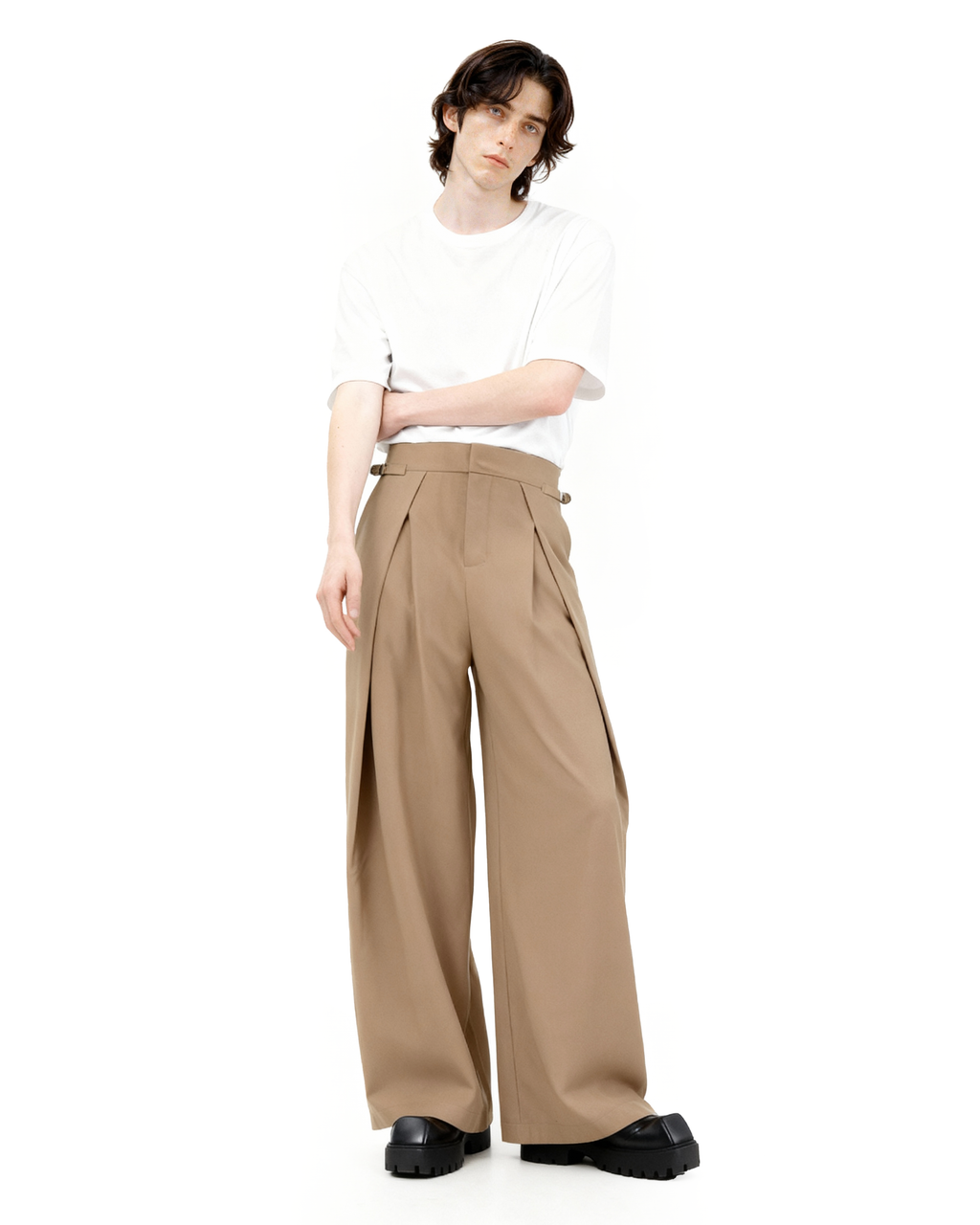 Wide Leg Pleated Palazzo Trousers with Belt Detail