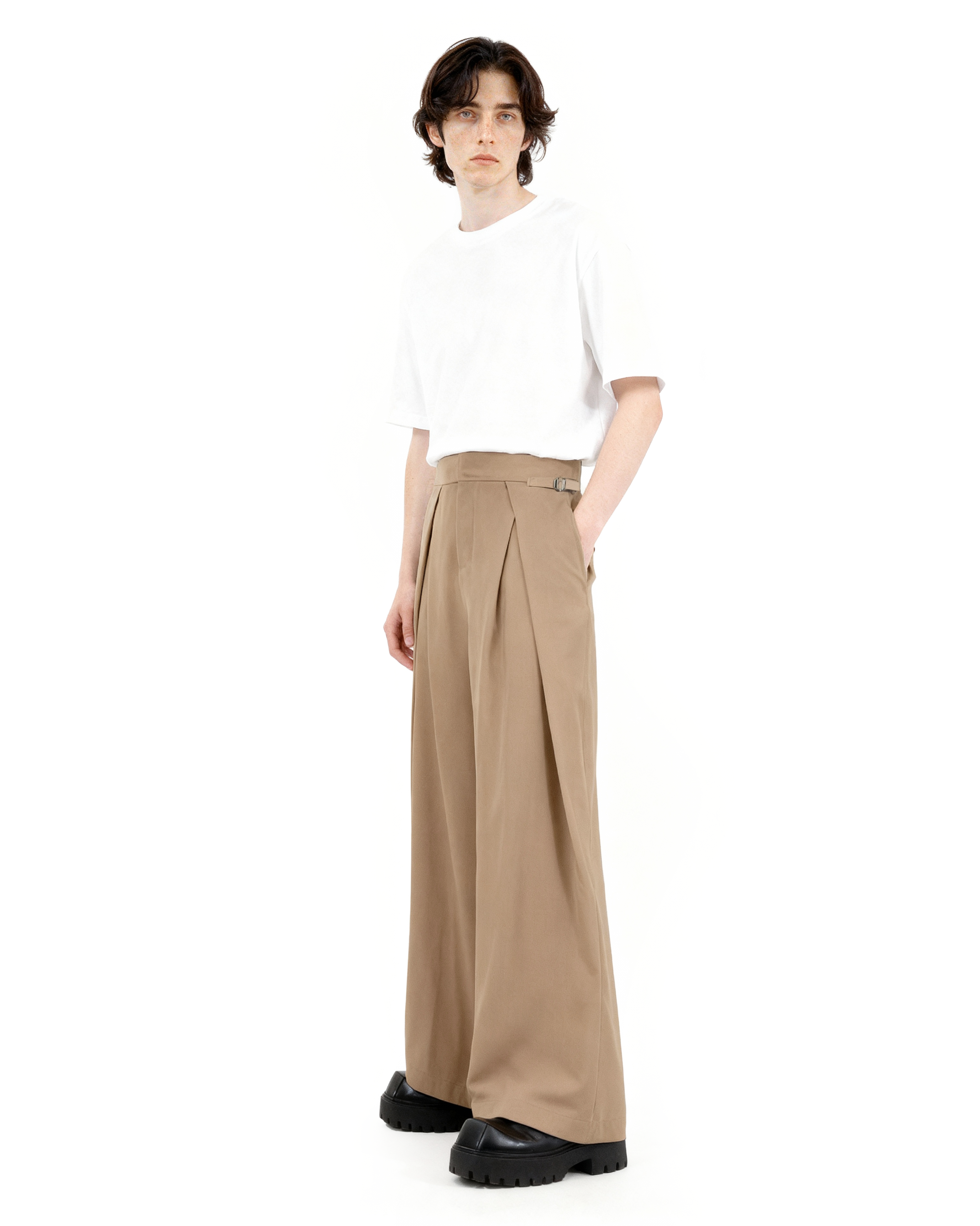 Wide Leg Pleated Palazzo Trousers with Belt Detail