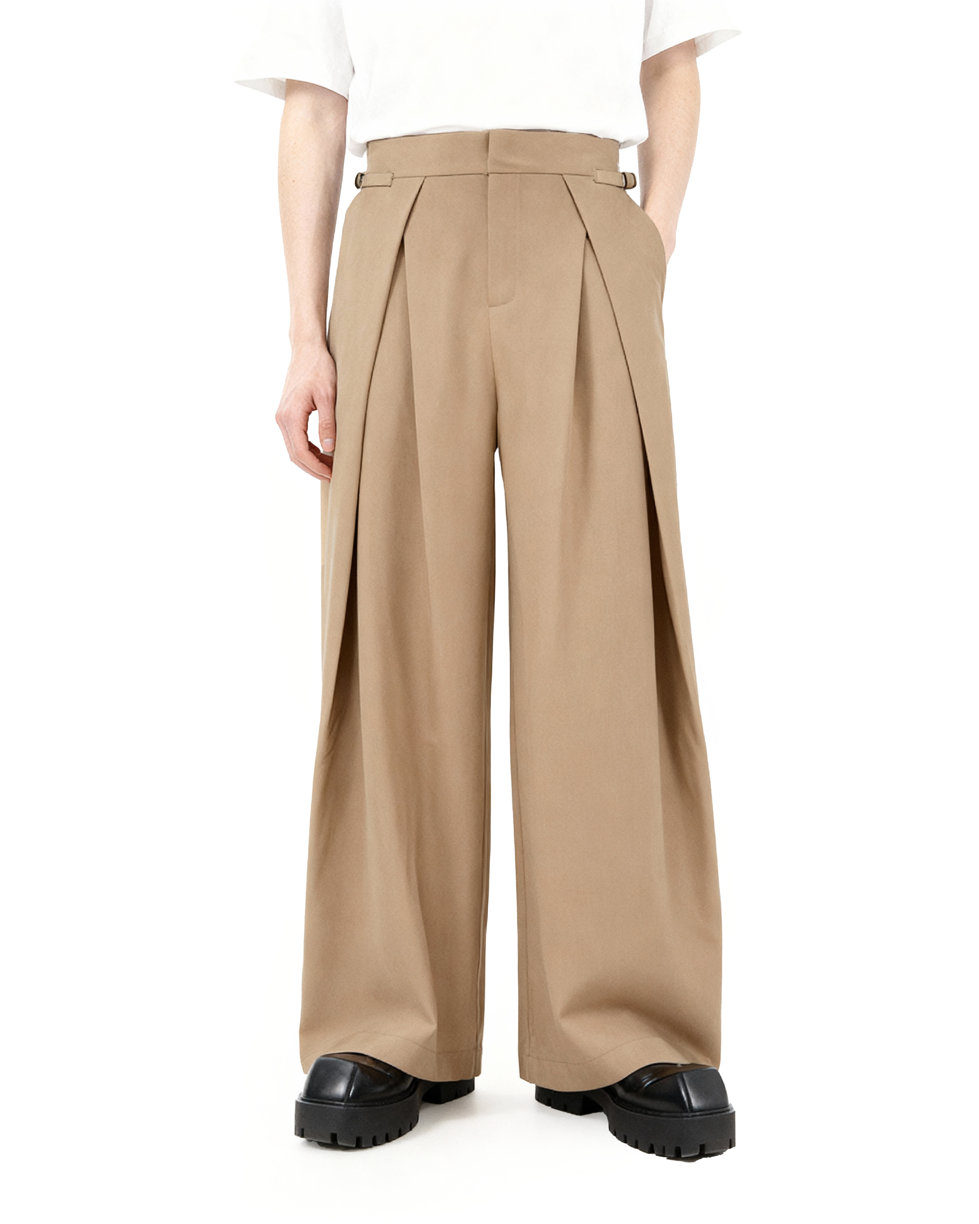 Wide Leg Pleated Palazzo Trousers with Belt Detail