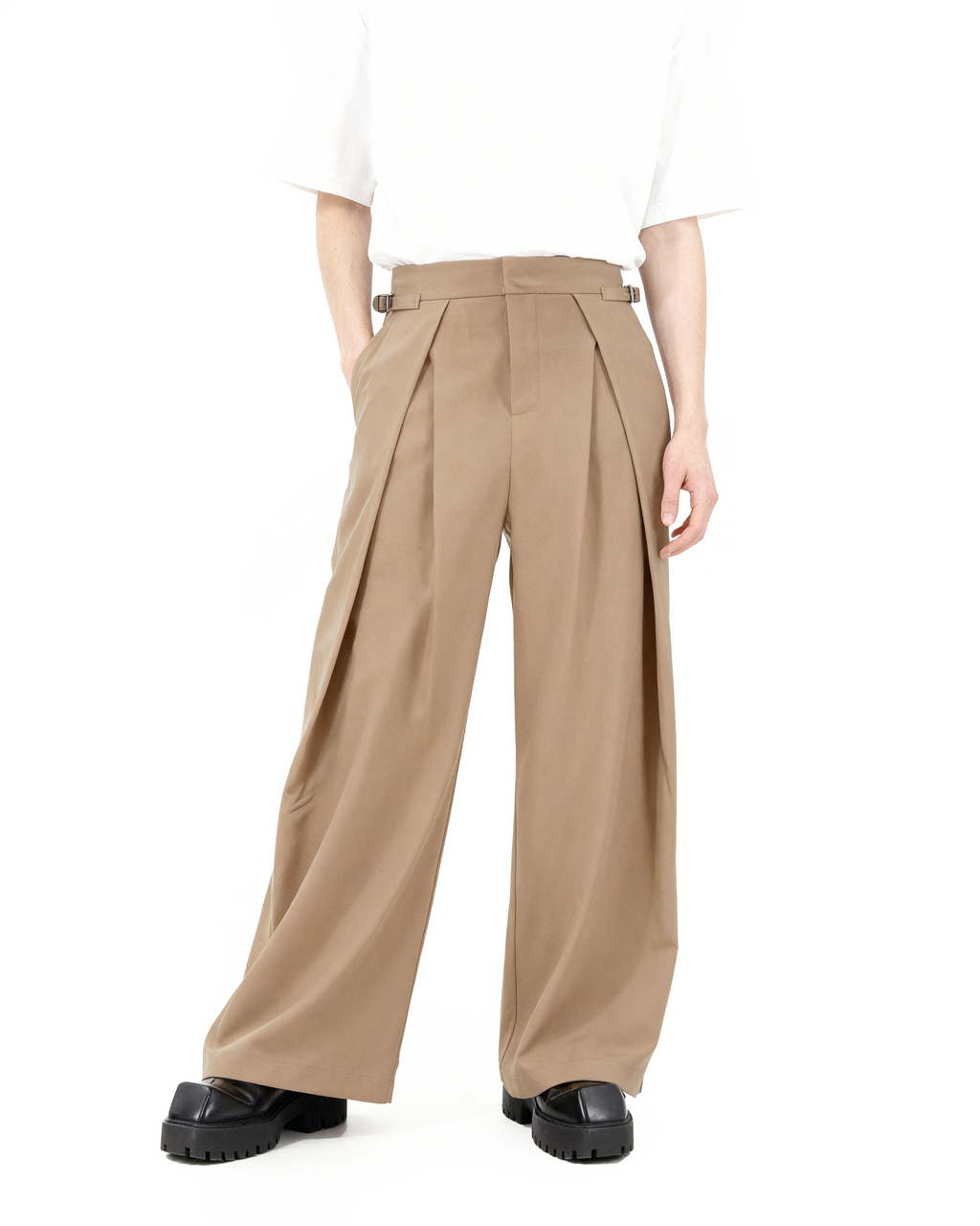 Wide Leg Pleated Palazzo Trousers with Belt Detail
