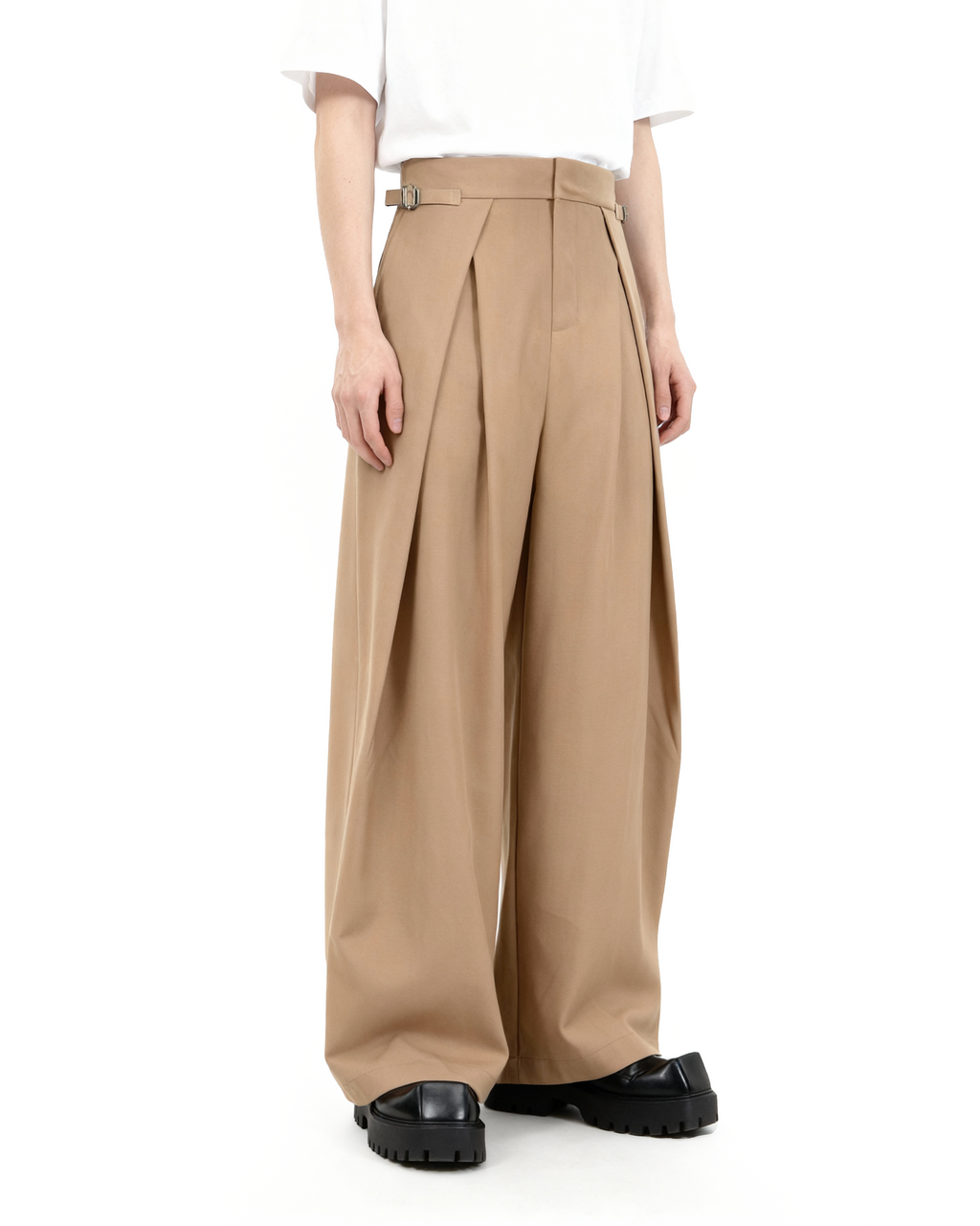 Wide Leg Pleated Palazzo Trousers with Belt Detail