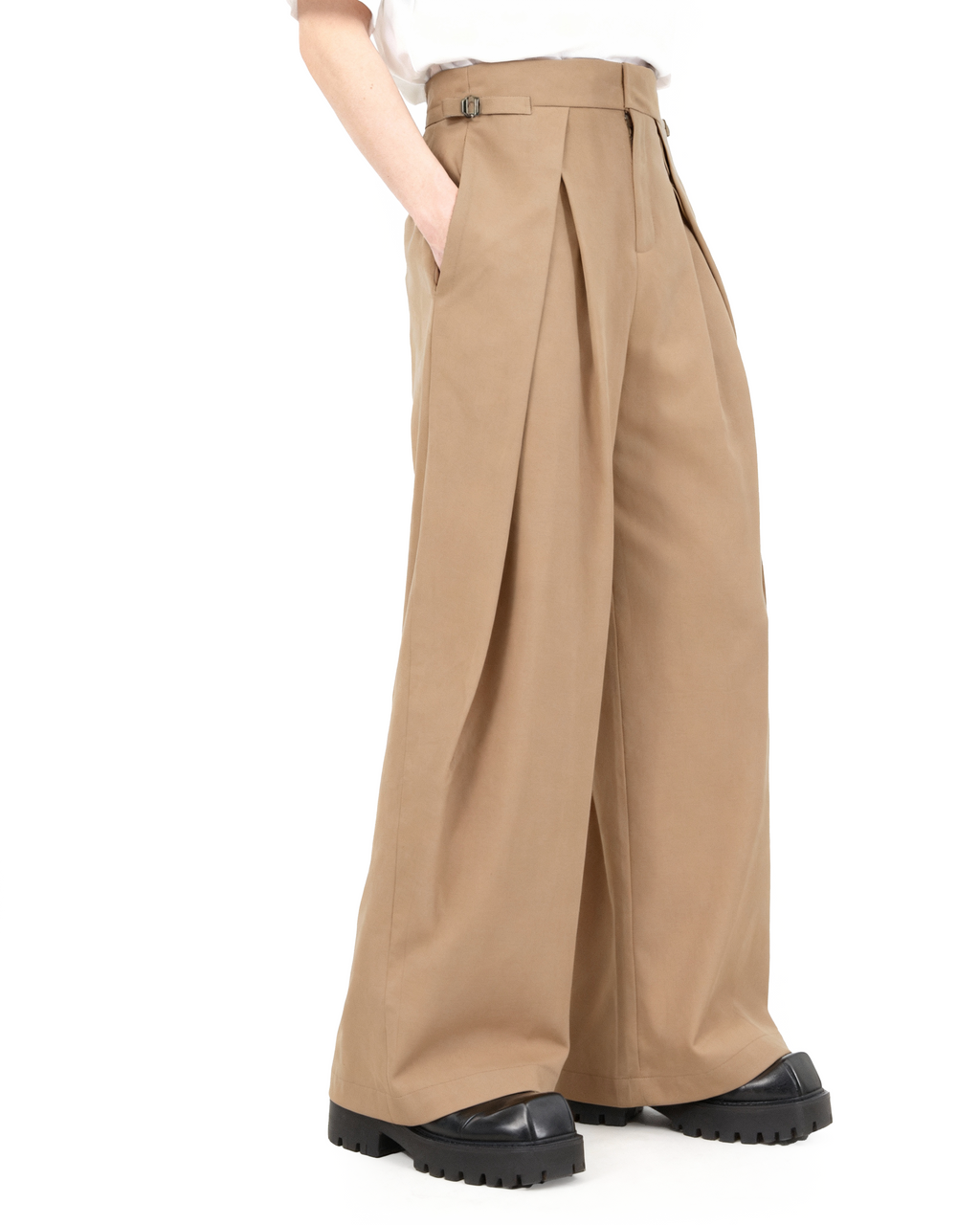 Wide Leg Pleated Palazzo Trousers with Belt Detail