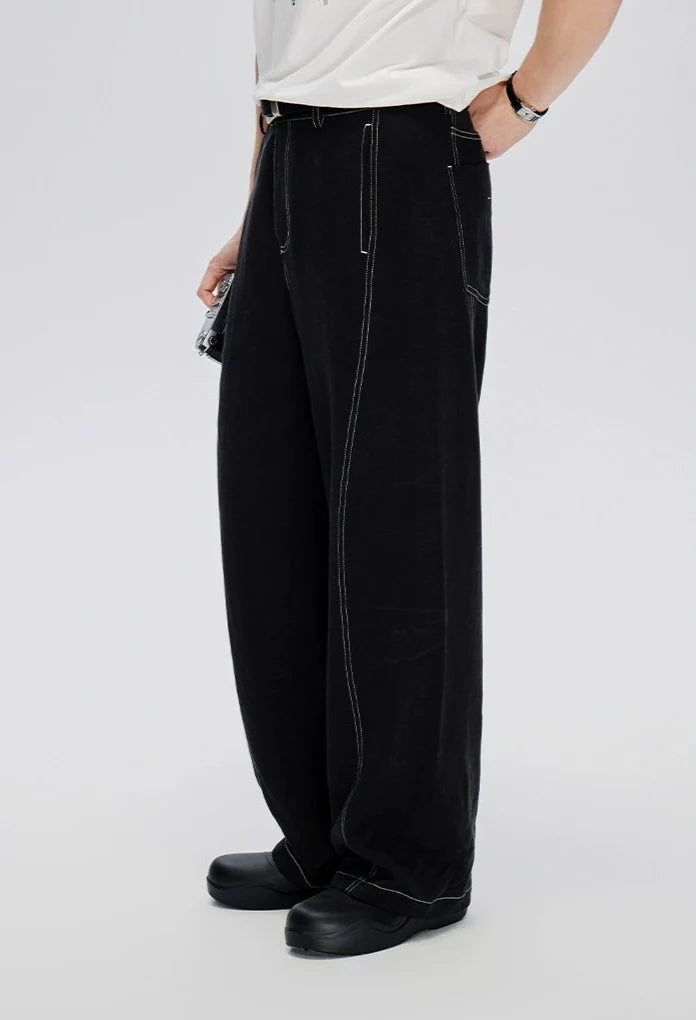 Straight Leg Linen-Blend Contrast Stitch Pants