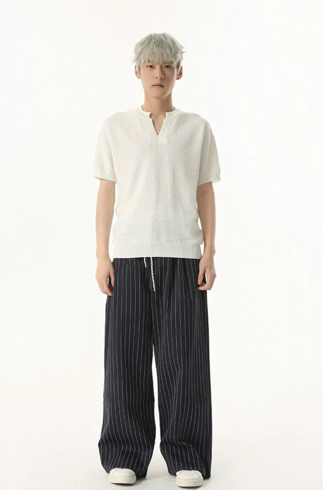 Mock Two-Piece Pinstripe Wide Leg Trousers with Elastic Waist