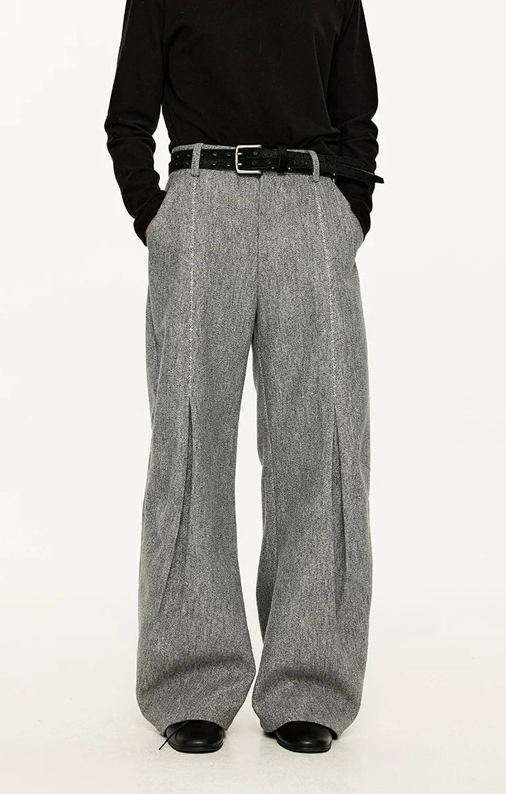 Wide Leg Half-Pleated and Half Contrast Stitch Trousers