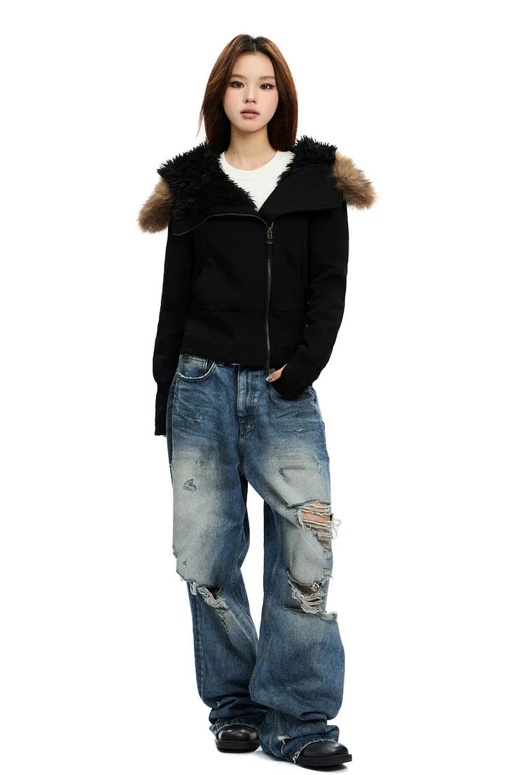 Fleece-Lined Hooded Jacket with Faux Fur Trim