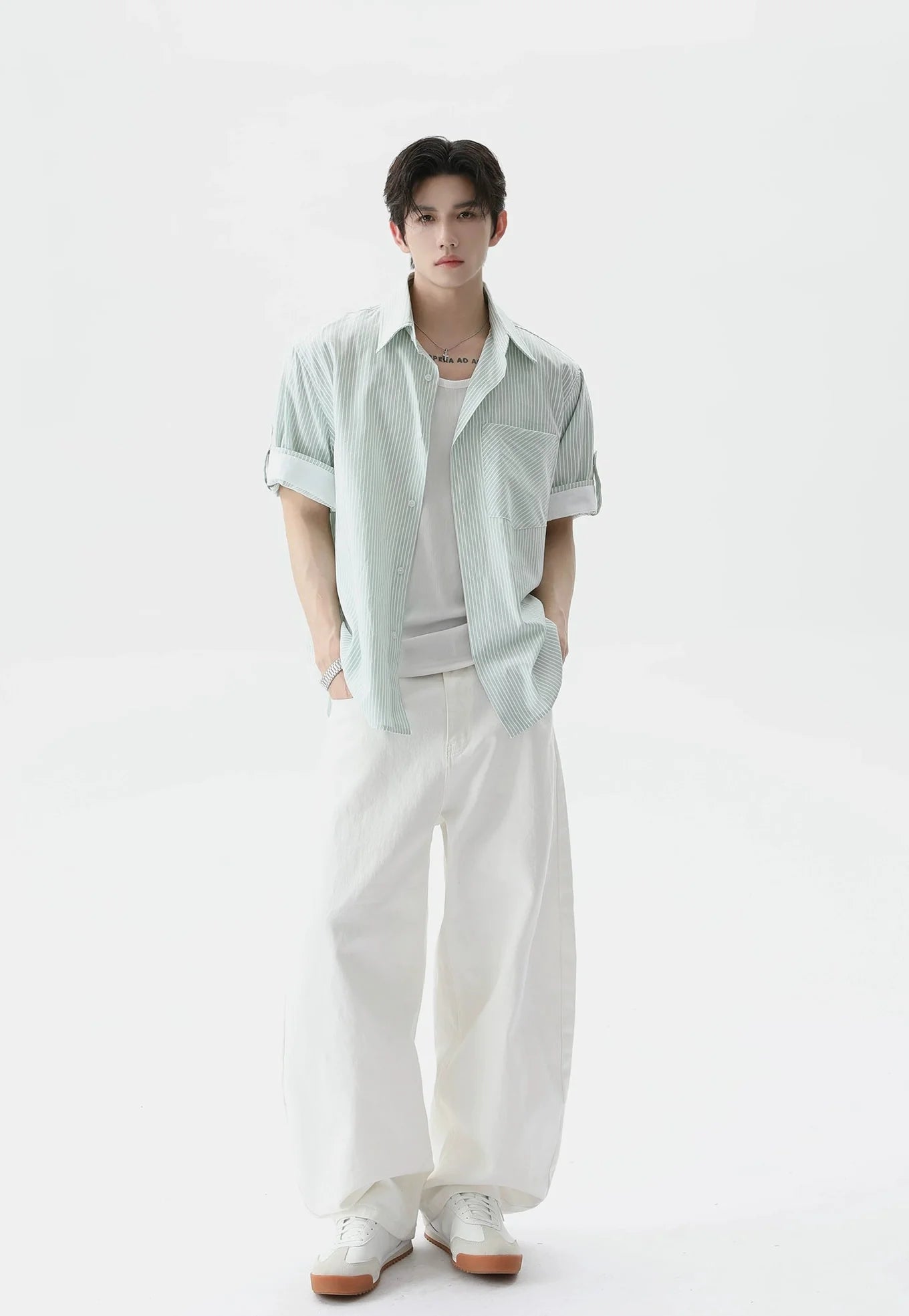 Pinstripe Contrast Short Sleeve Trim Button Shirt