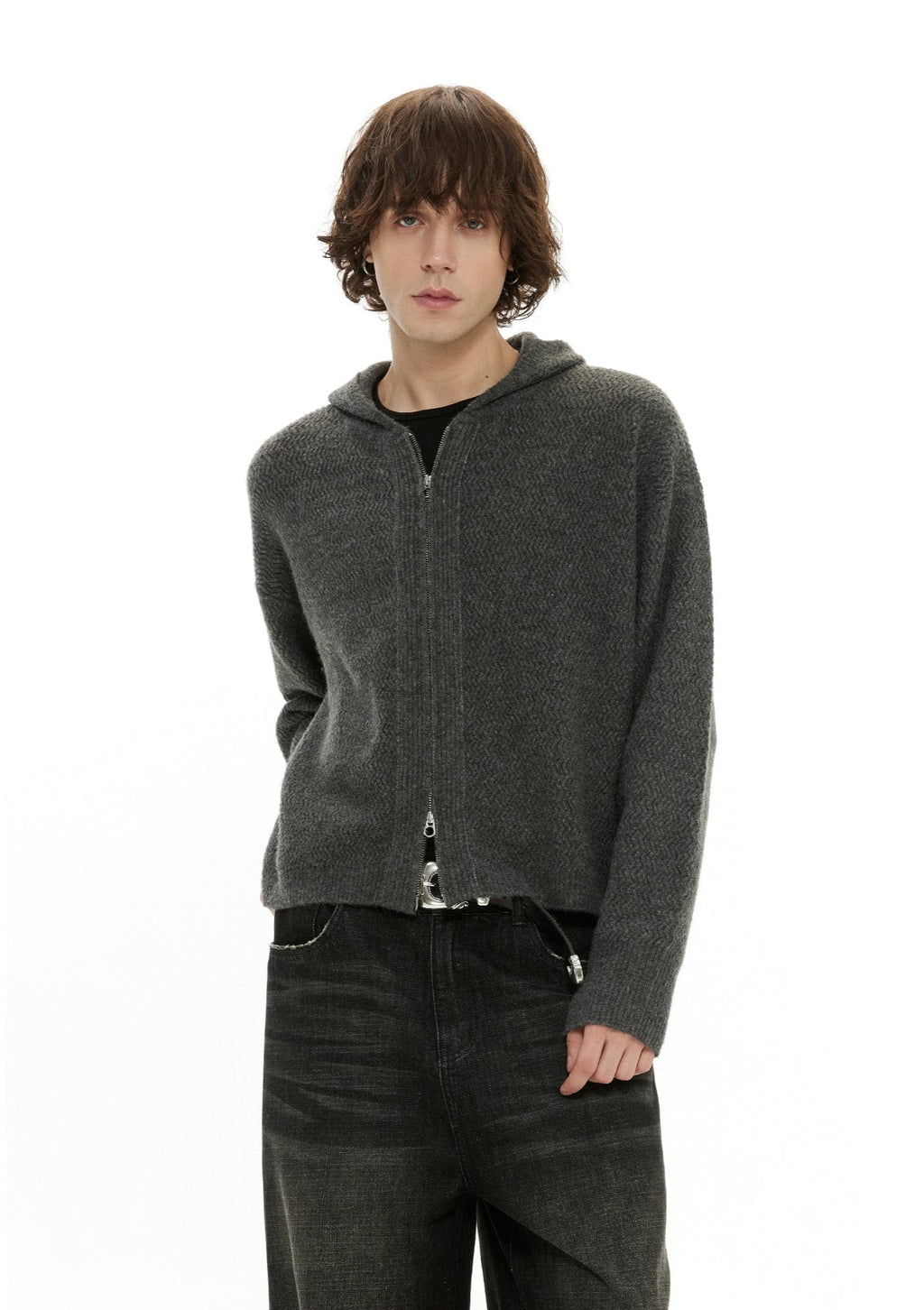 Zigzag Pattern Two Way Zip Knit Hoodie Jacket