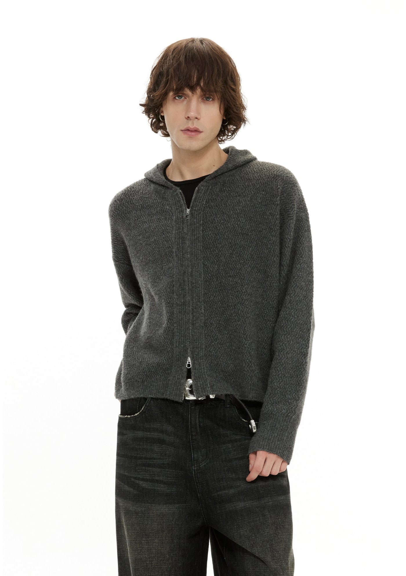 Zigzag Pattern Two Way Zip Knit Hoodie Jacket