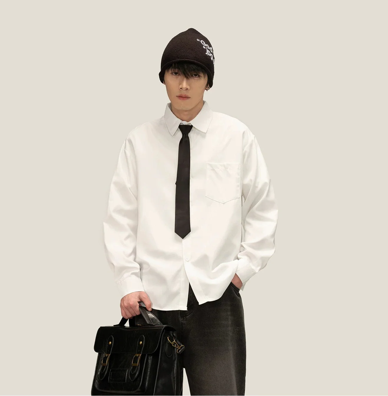 Boxy Long Sleeve Button-Up Shirt with Detachable Tie