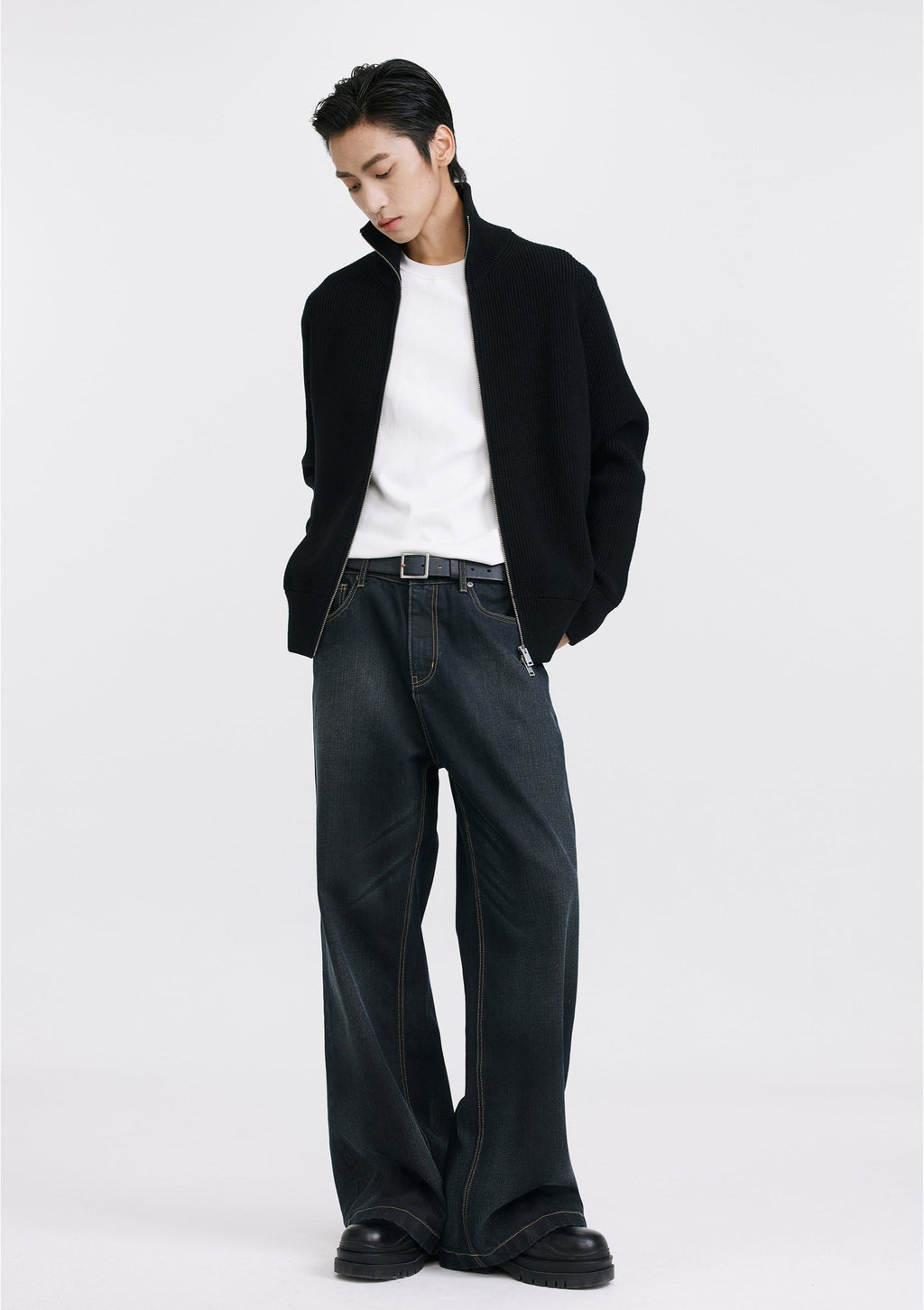 Ribbed Knit Double Zip Jacket with Stand Collar