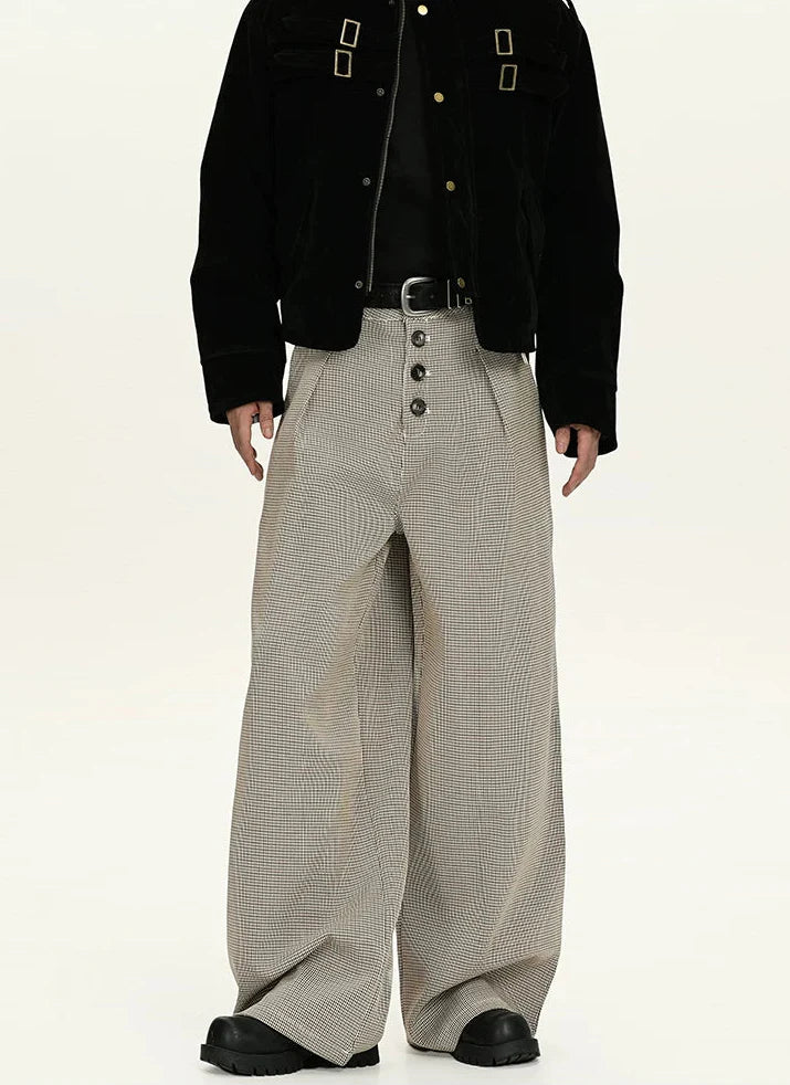 Houndstooth Pattern Button-Fly Wide Leg Trousers