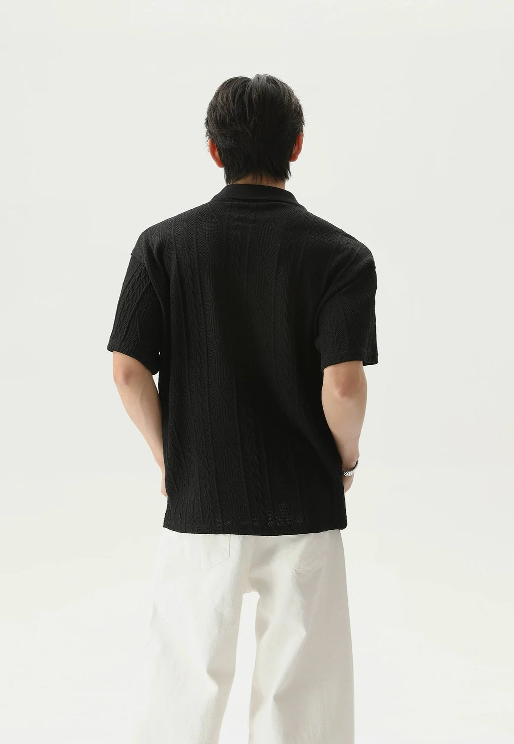 Textured Cable Knit Short Sleeve Polo Shirt