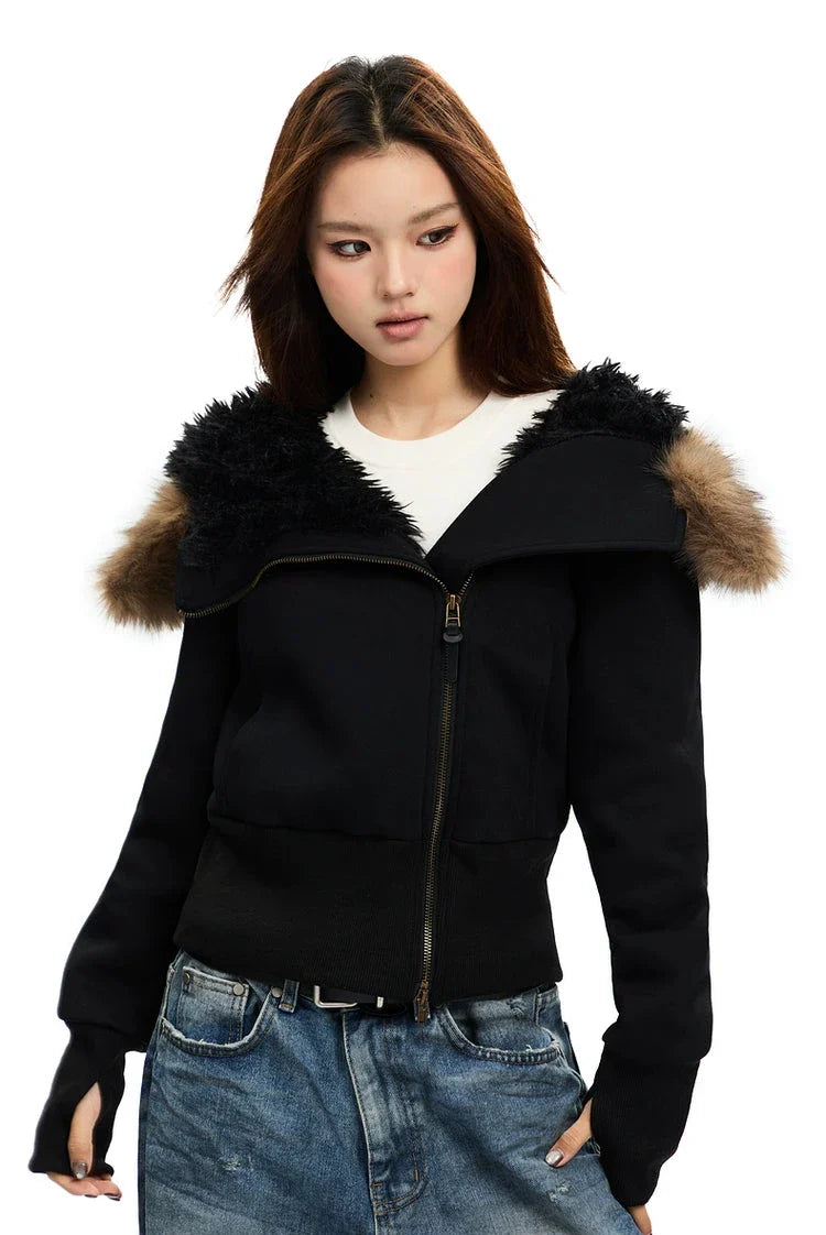 Fleece-Lined Hooded Jacket with Faux Fur Trim