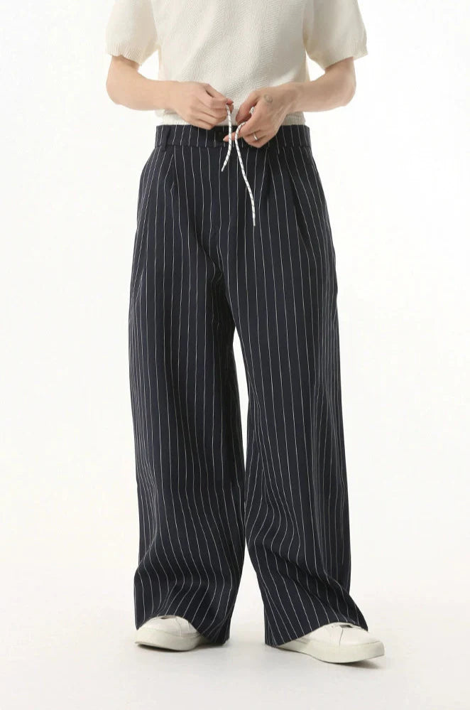 Mock Two-Piece Pinstripe Wide Leg Trousers with Elastic Waist