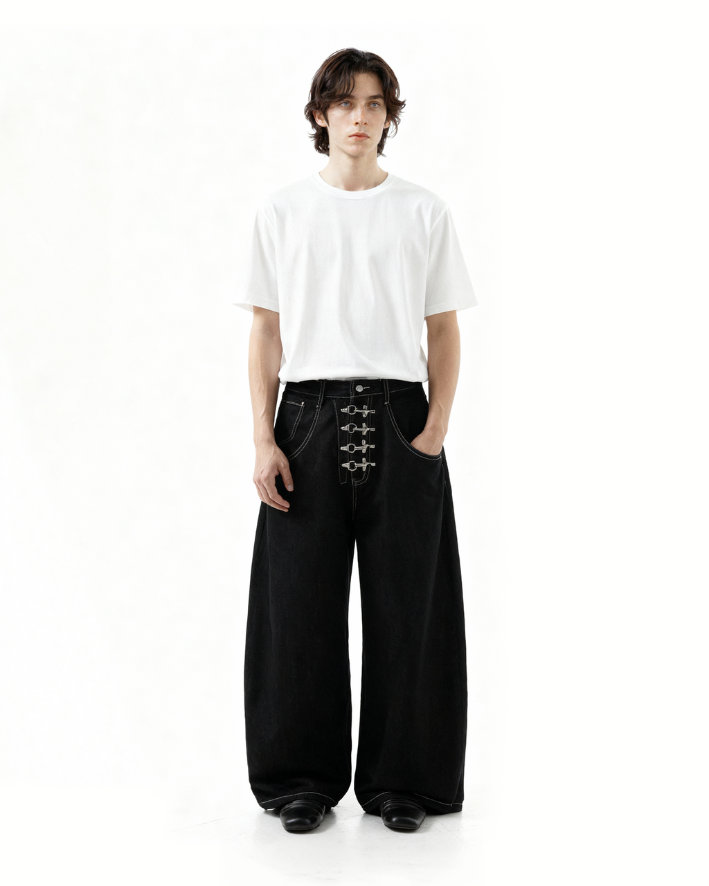 Fireman Buckle Crotch Wide Leg Jeans