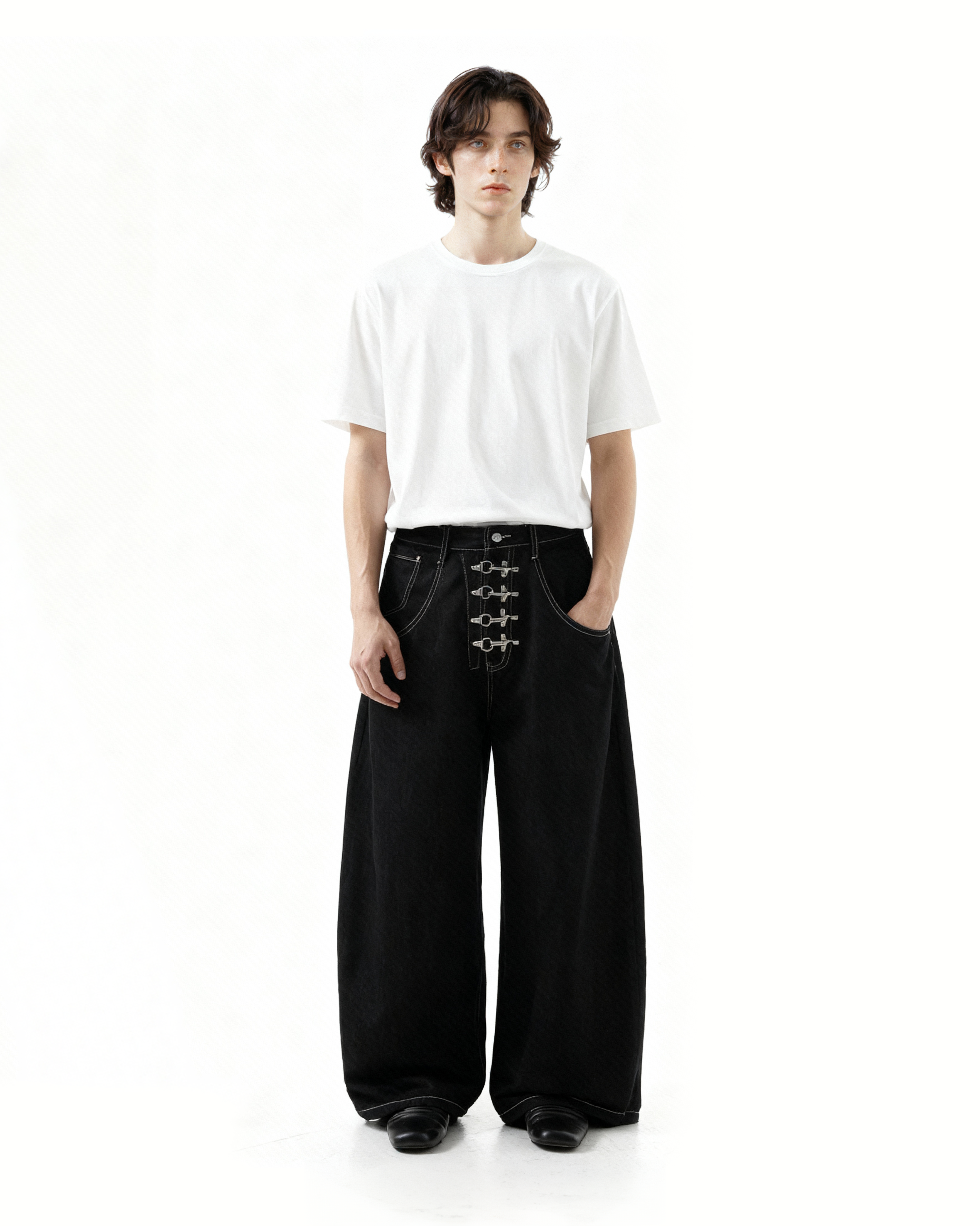 Fireman Buckle Crotch Wide Leg Jeans