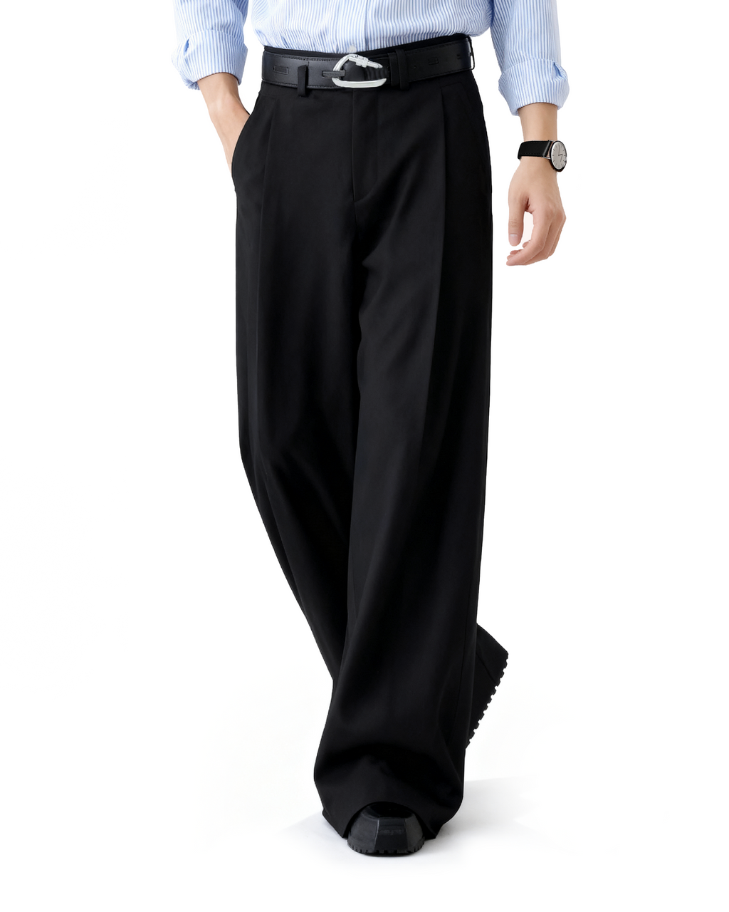 Wide Leg Tailored Trousers with Fold-Over Pleat