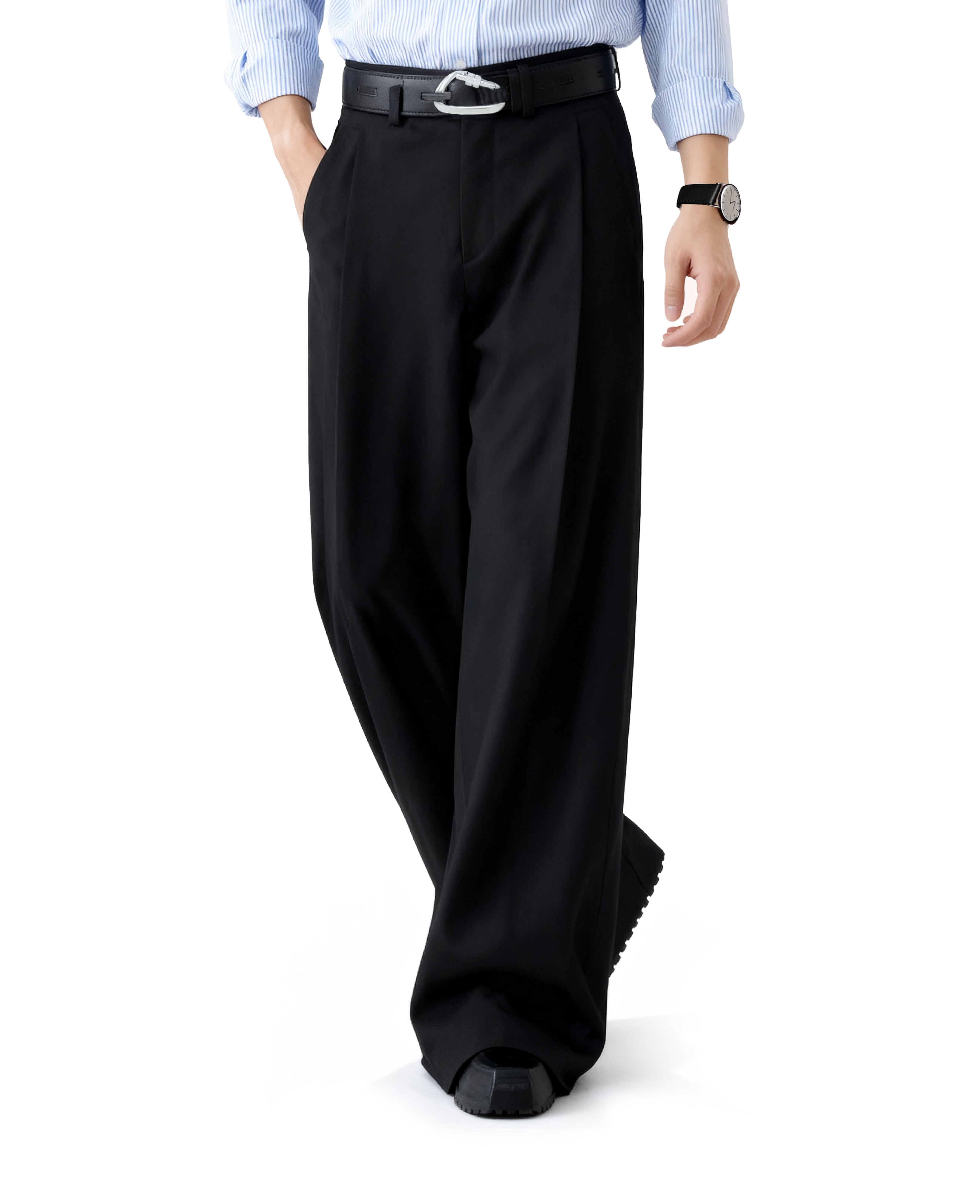 Wide Leg Tailored Trousers with Fold-Over Pleat