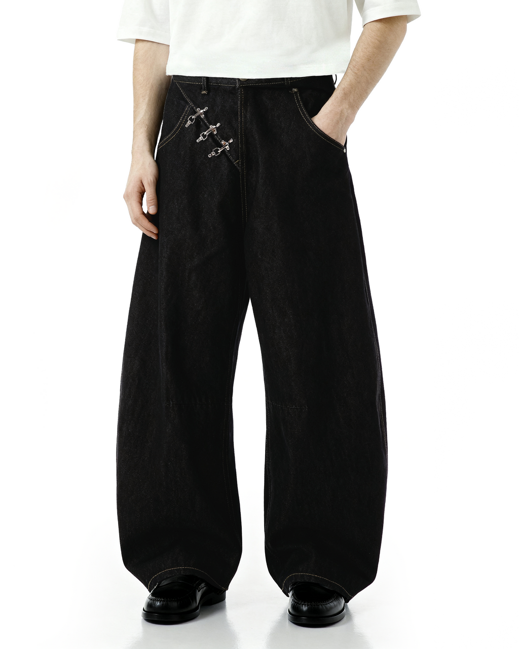 Contrast Stitch Wide Leg Jeans with Diagonal Fireman Buckles
