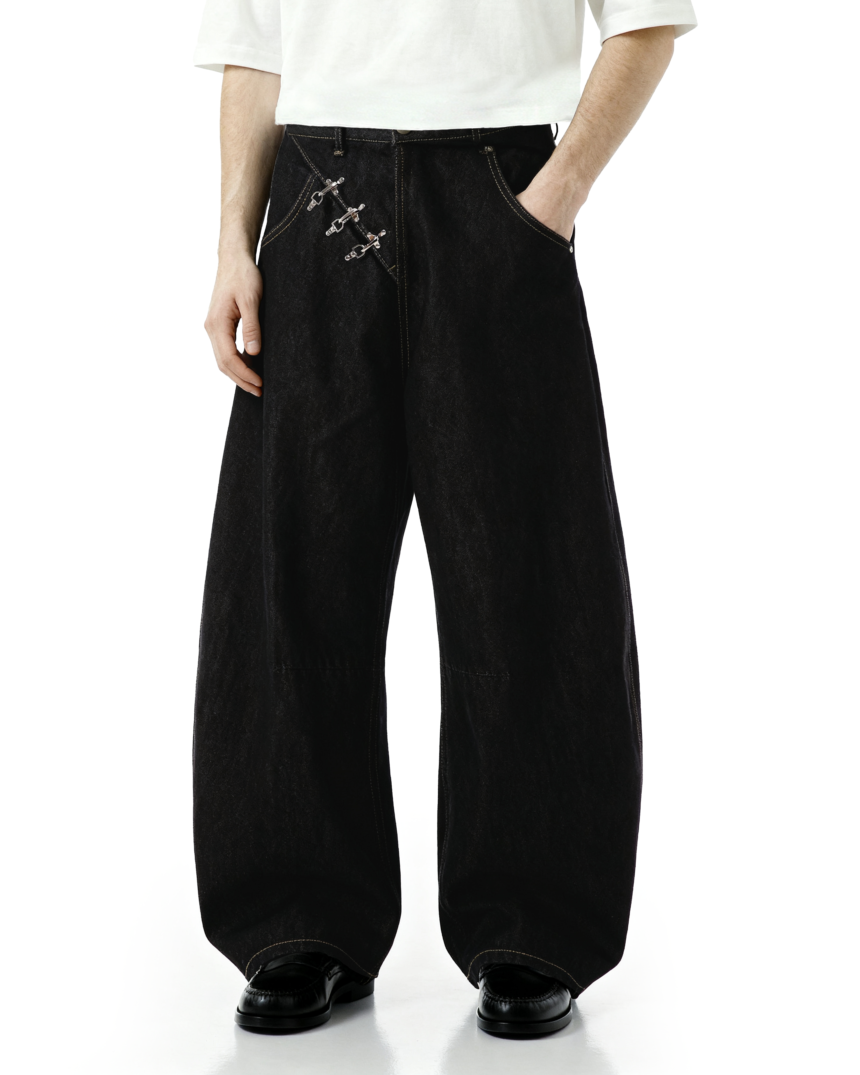 Contrast Stitch Wide Leg Jeans with Diagonal Fireman Buckles