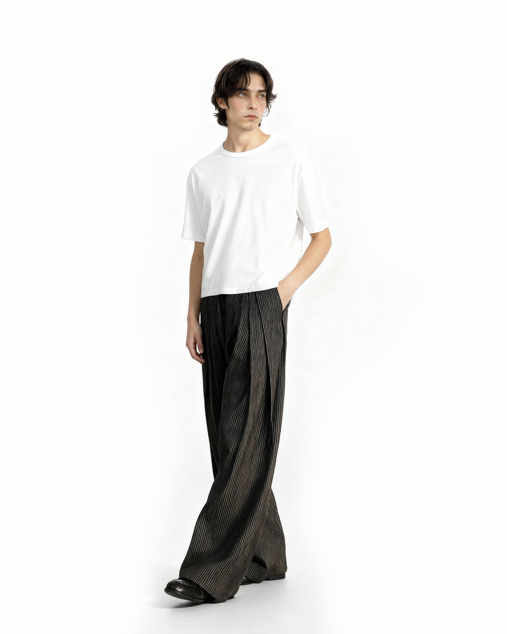 Pinstripe Wide Leg Semi-Flare Multi Pleated Pants