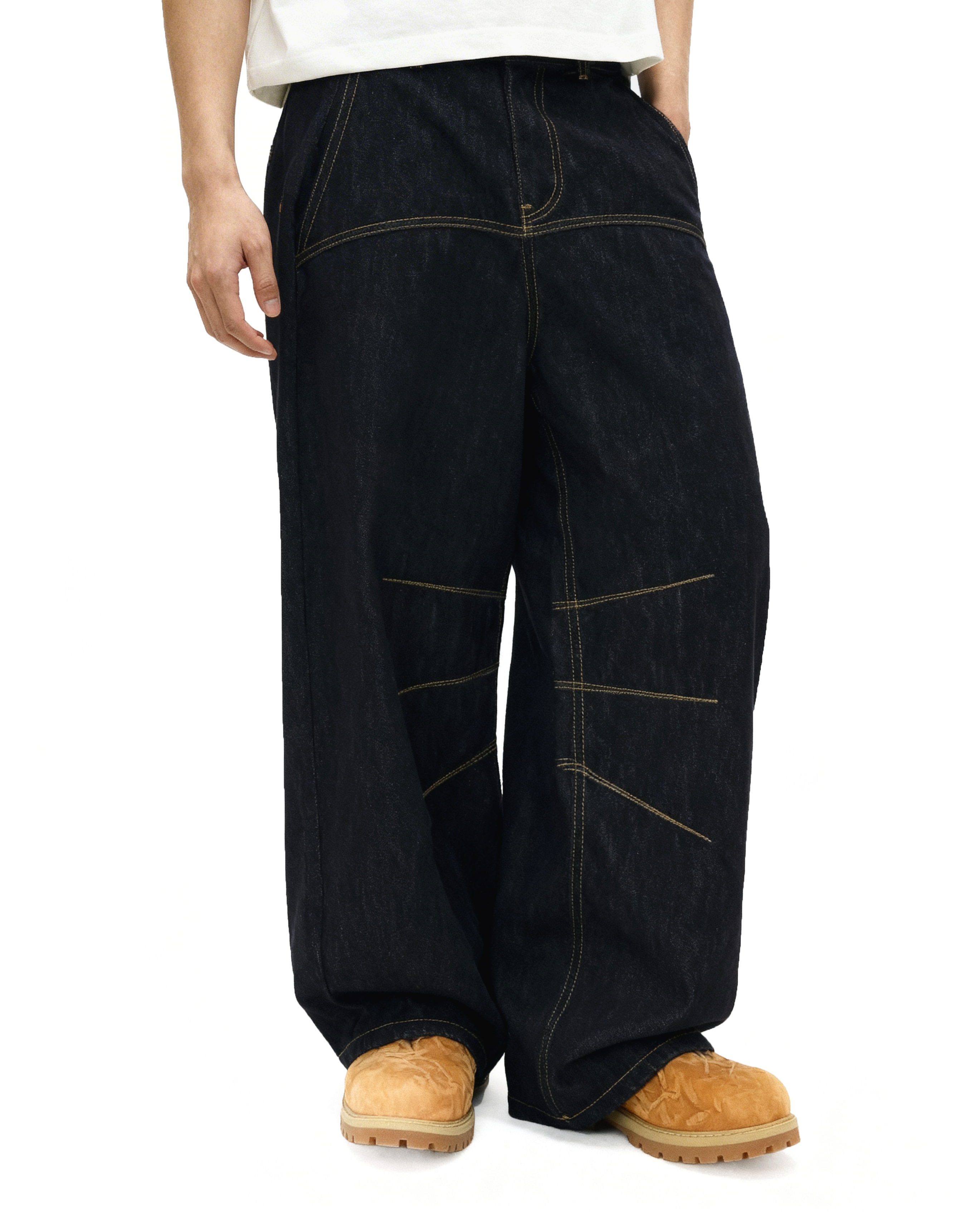 Wide Leg Contrast Stitch Detail Denim Jeans