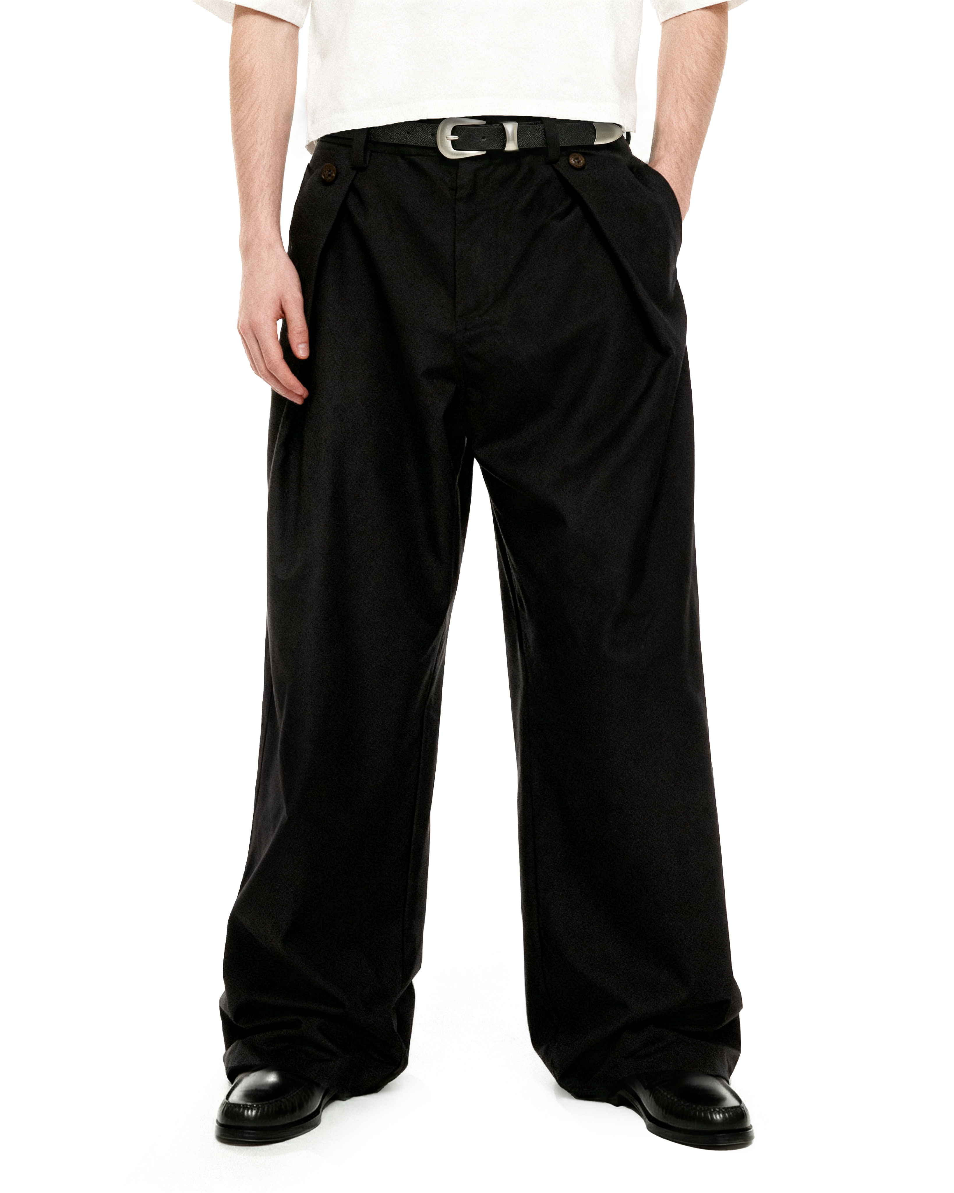 Wide Leg Pleated Pants with Side Overlay Button Panels