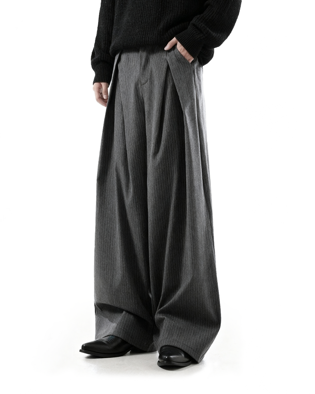Overlap Pleated Pinstripe Wide-Leg Trousers