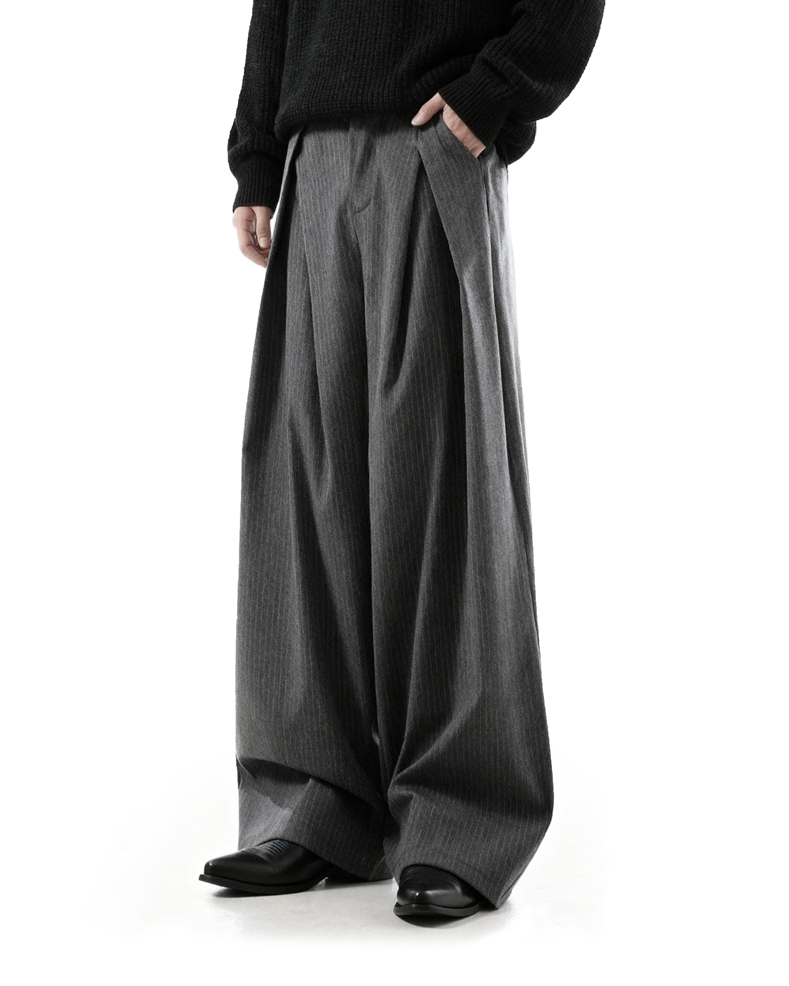 Overlap Pleated Pinstripe Wide-Leg Trousers