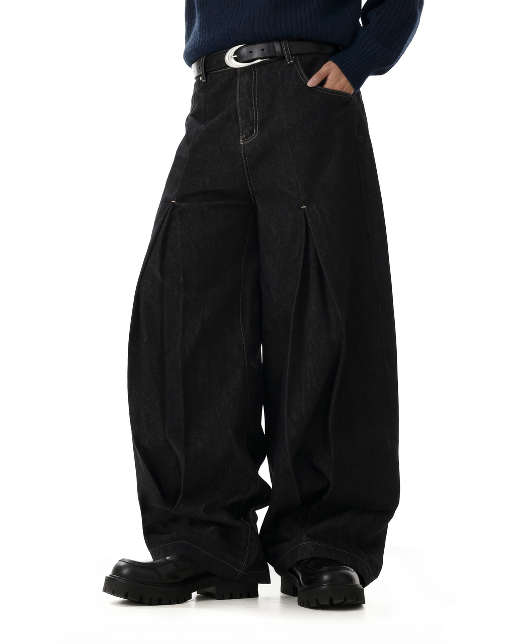Half-Pleated Dark Wash Contrast Stitch Wide Jeans