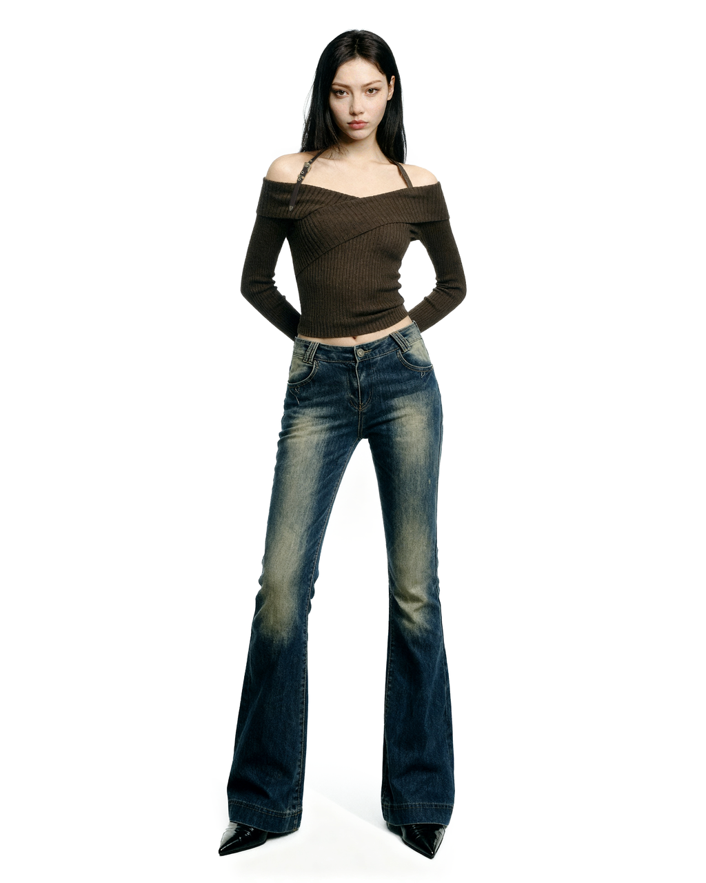 Halter Neck Ribbed Knit Long Sleeve Top