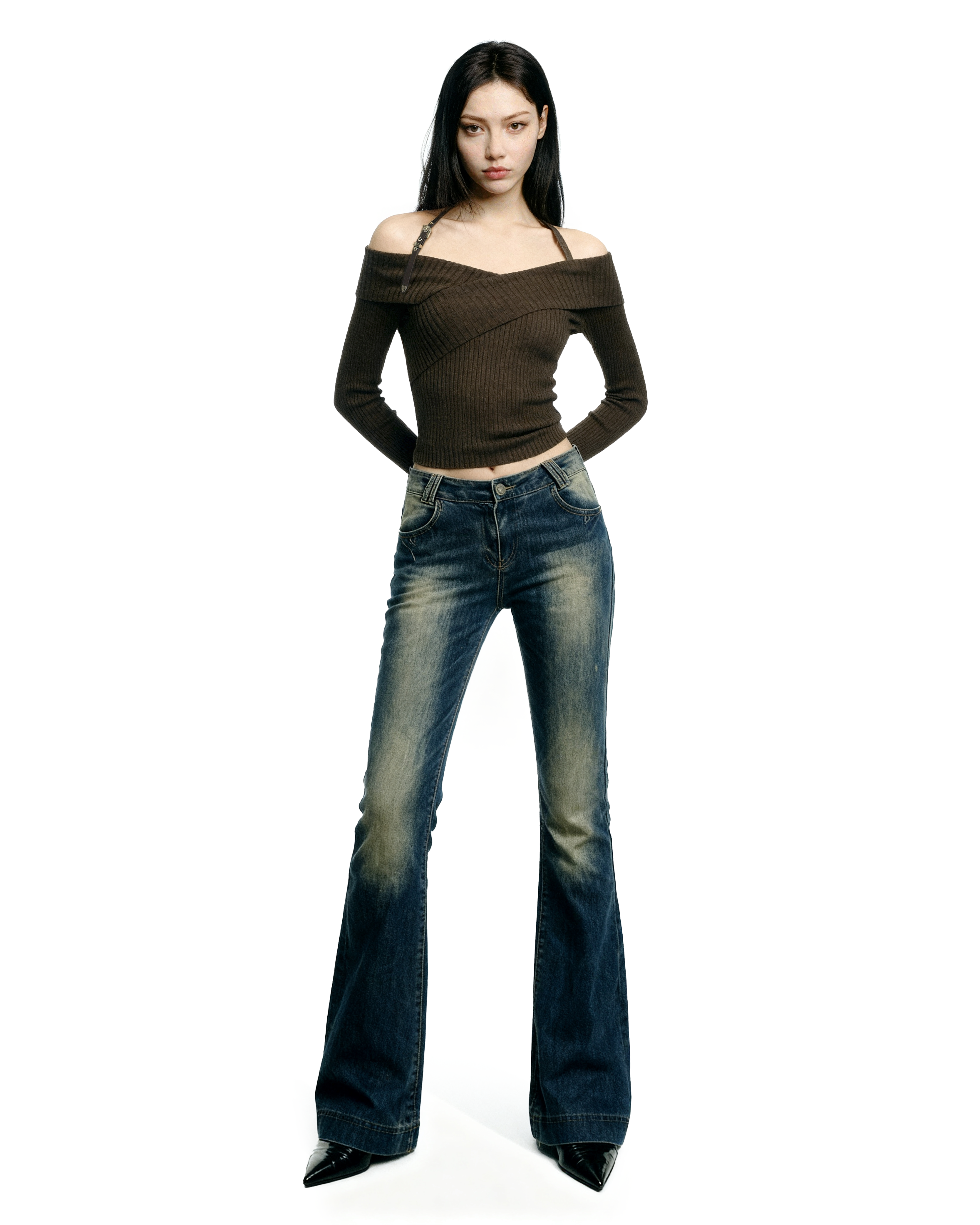 Halter Neck Ribbed Knit Long Sleeve Top