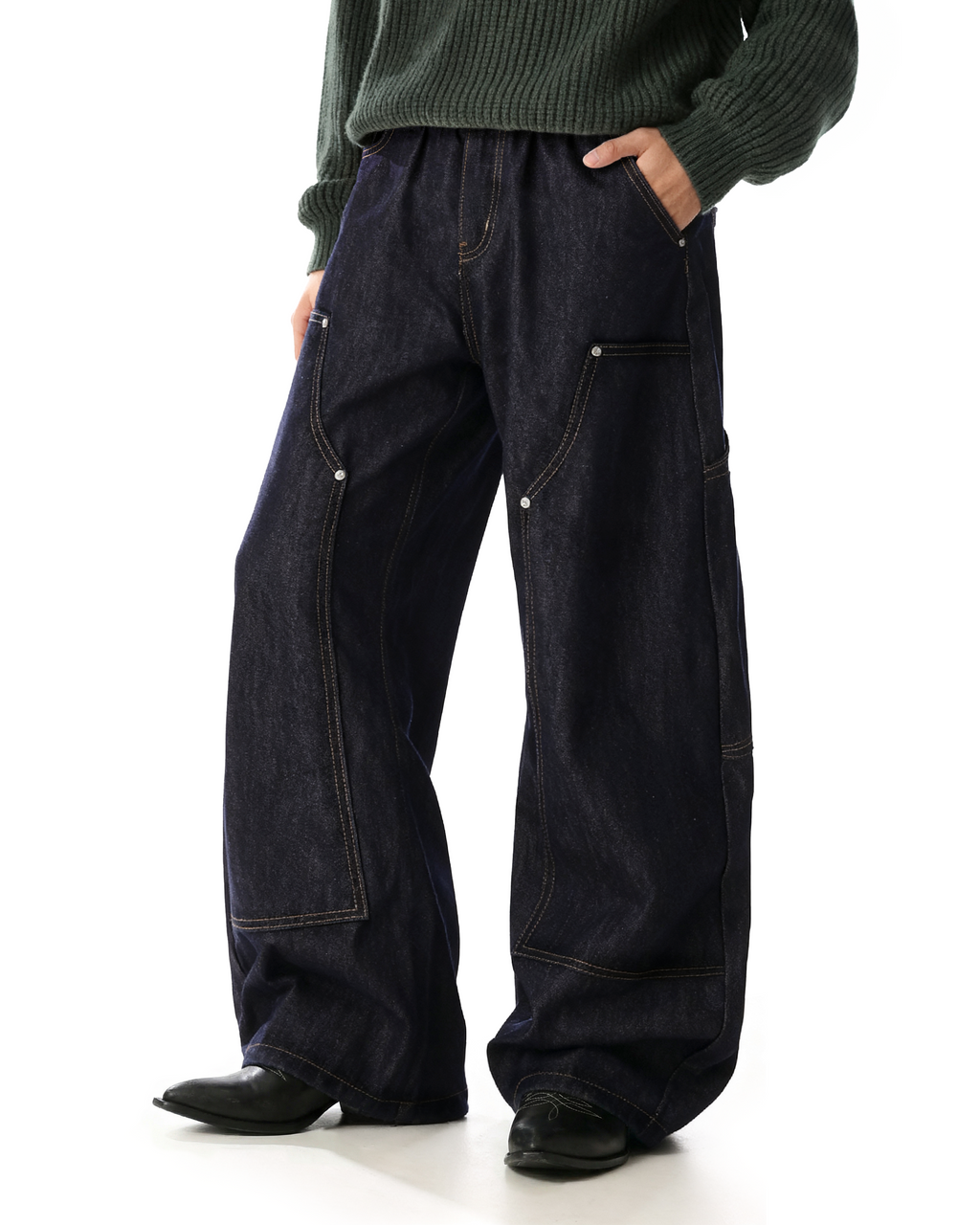 Rivet Detail Wide Leg Contrast Stitch Utility Jeans
