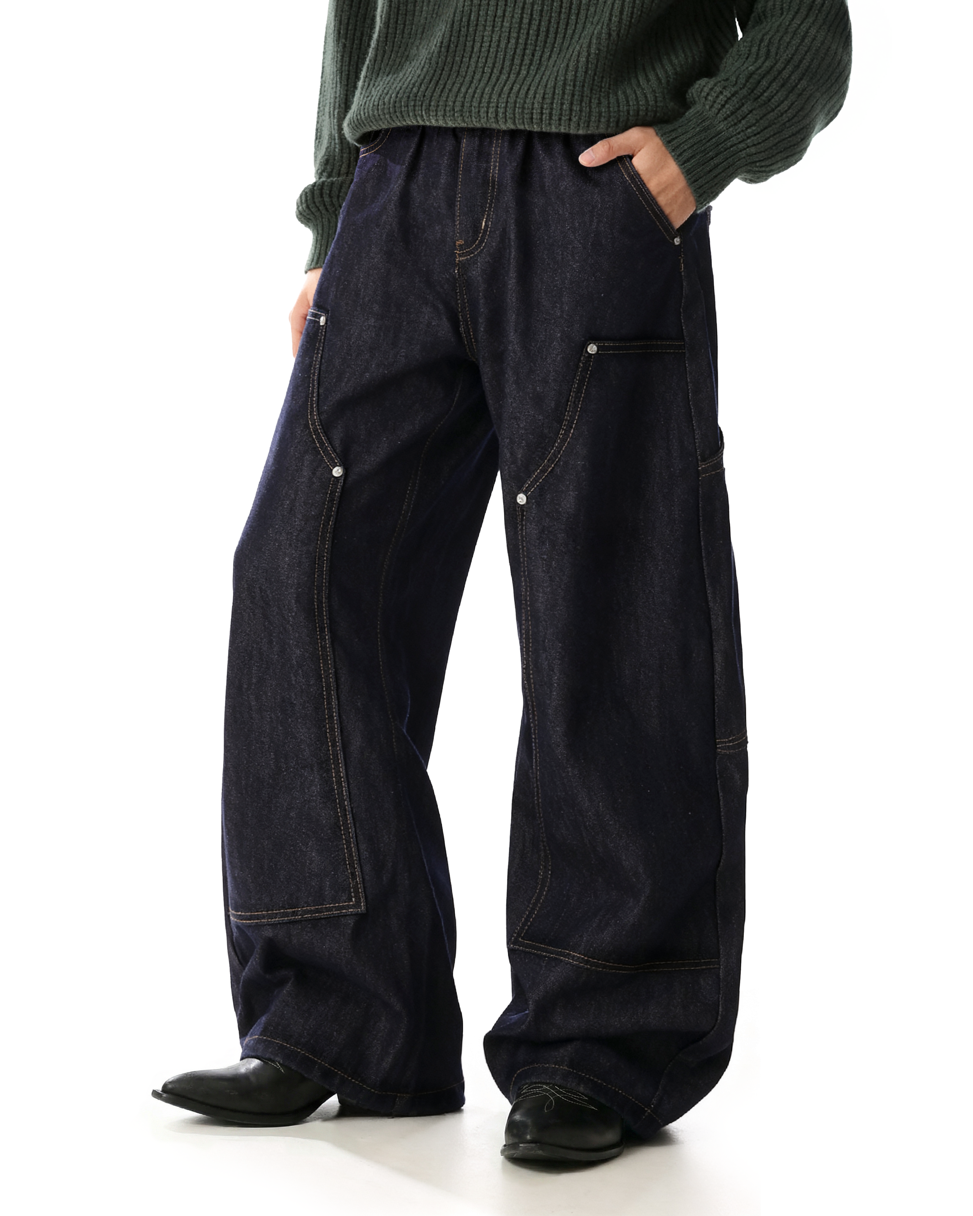Rivet Detail Wide Leg Contrast Stitch Utility Jeans