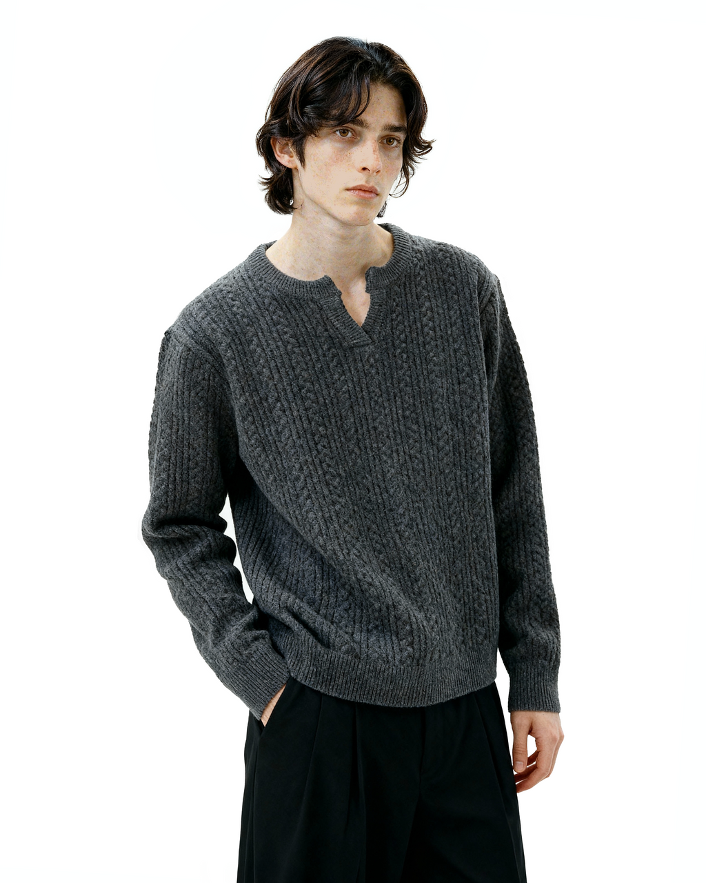 Cable Knit Notch-Neck Henley Pullover