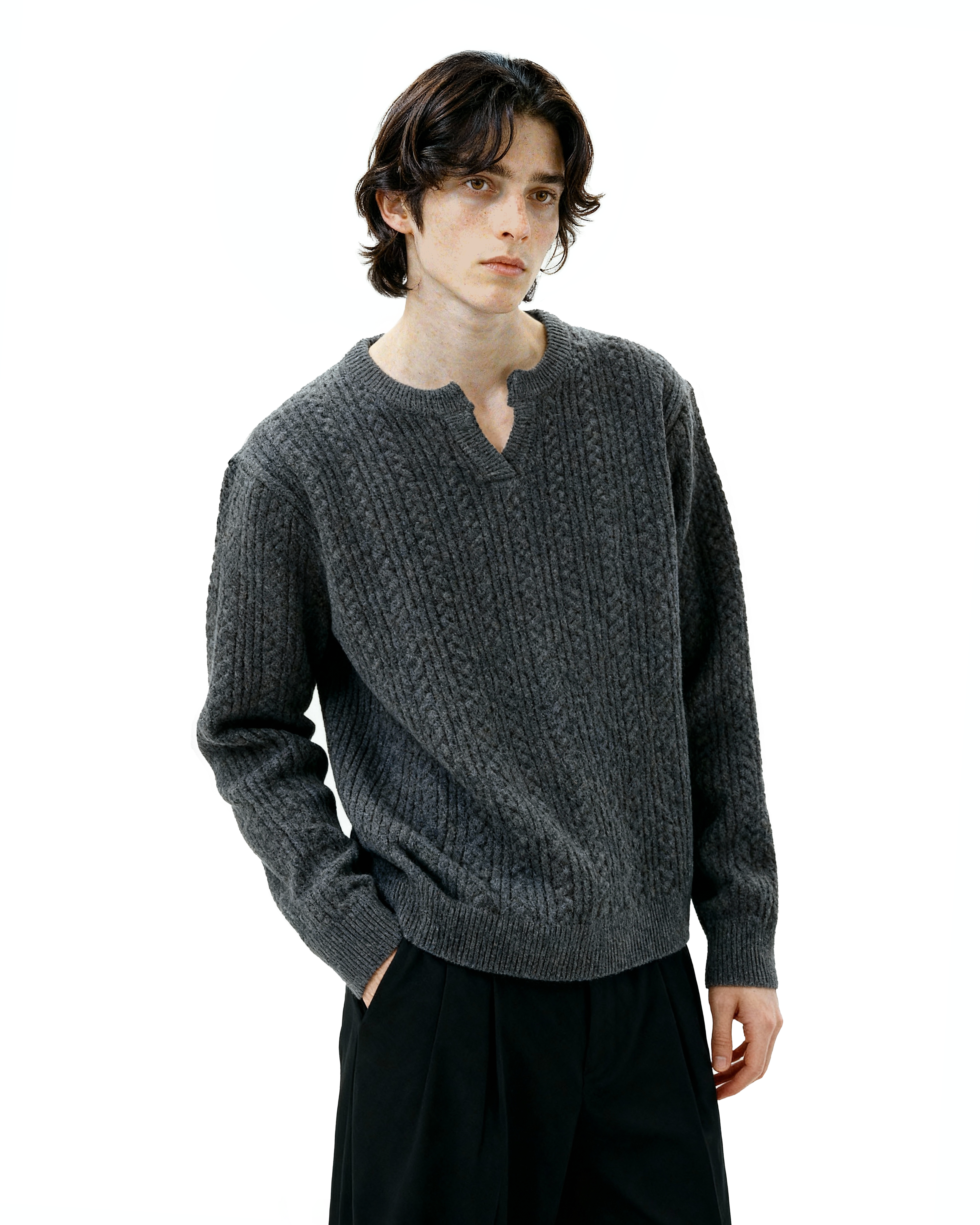 Cable Knit Notch-Neck Henley Pullover