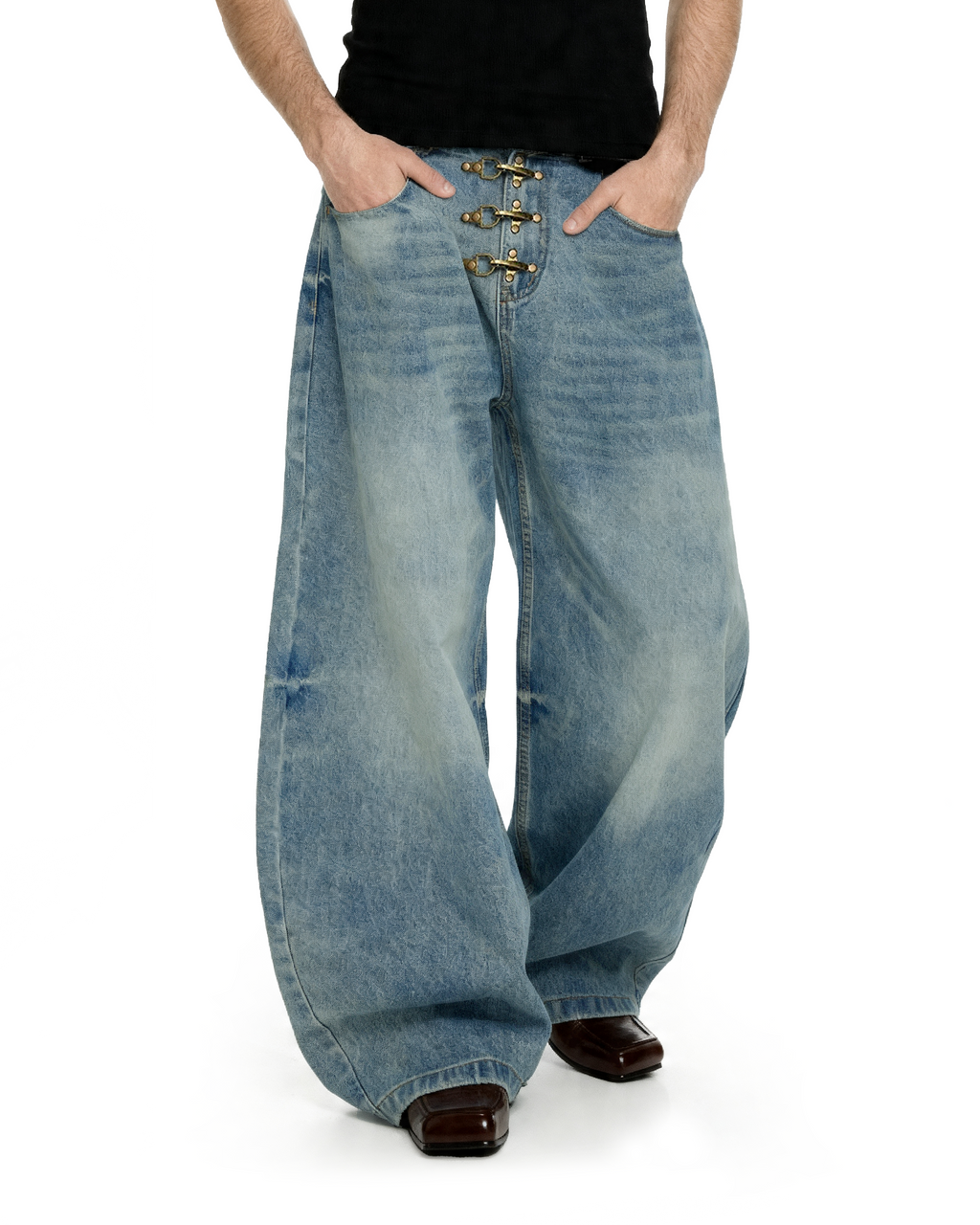 Fireman Buckle Crotch Wide Leg Vintage Wash Denim Jeans