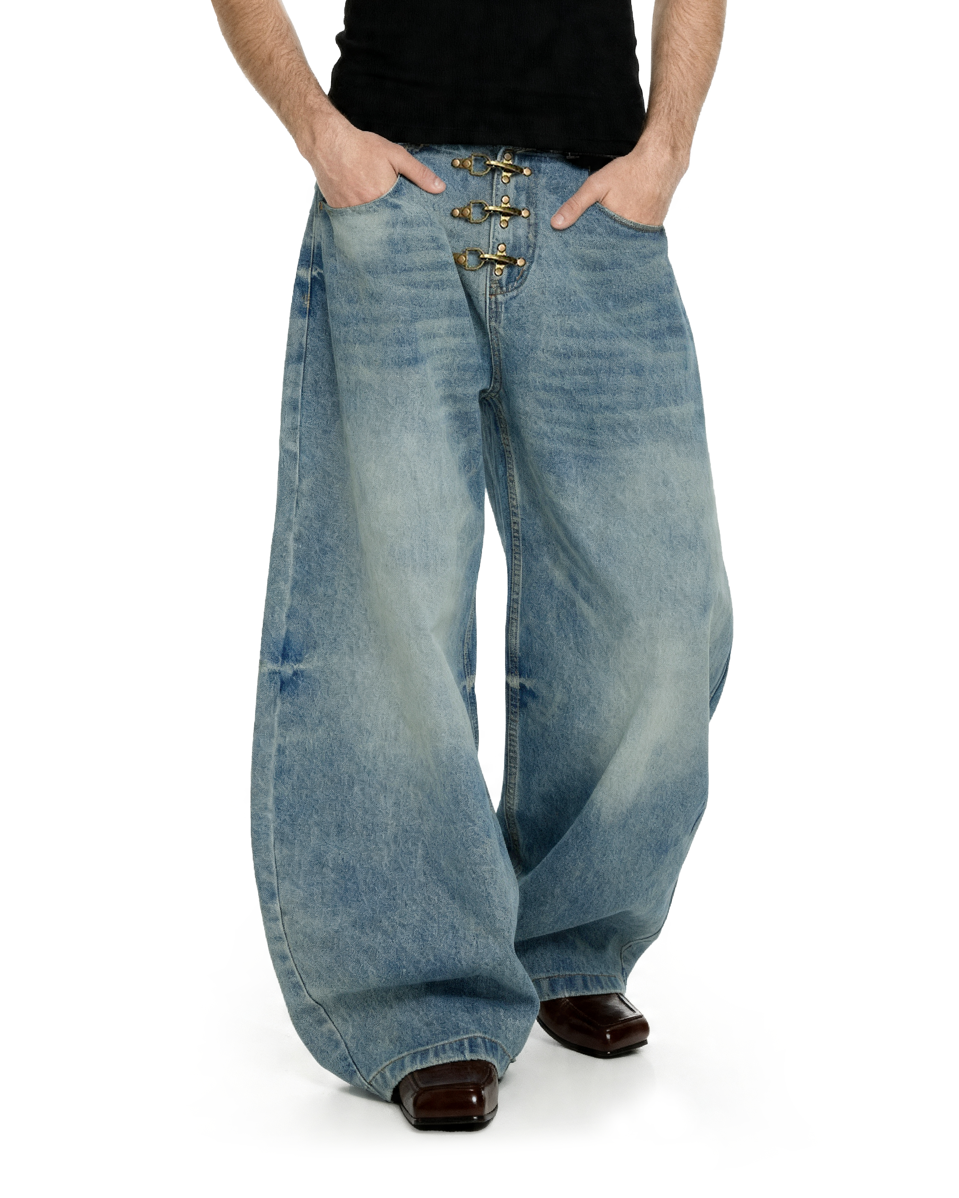 Fireman Buckle Crotch Wide Leg Vintage Wash Denim Jeans
