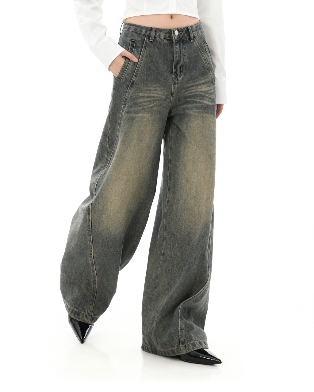 Sandblast Wide-Leg Jeans with Stitch Detail