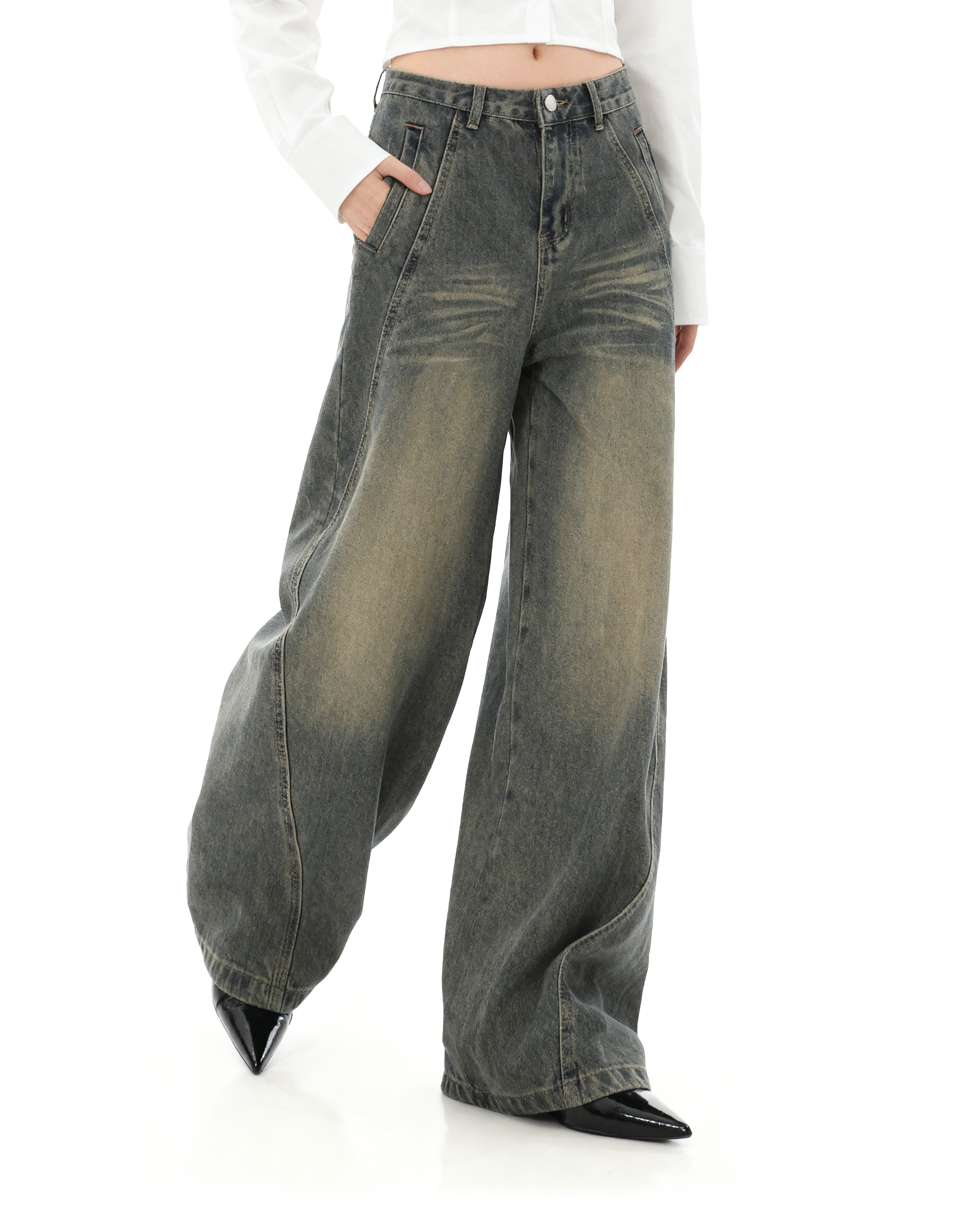 Sandblast Wide-Leg Jeans with Stitch Detail