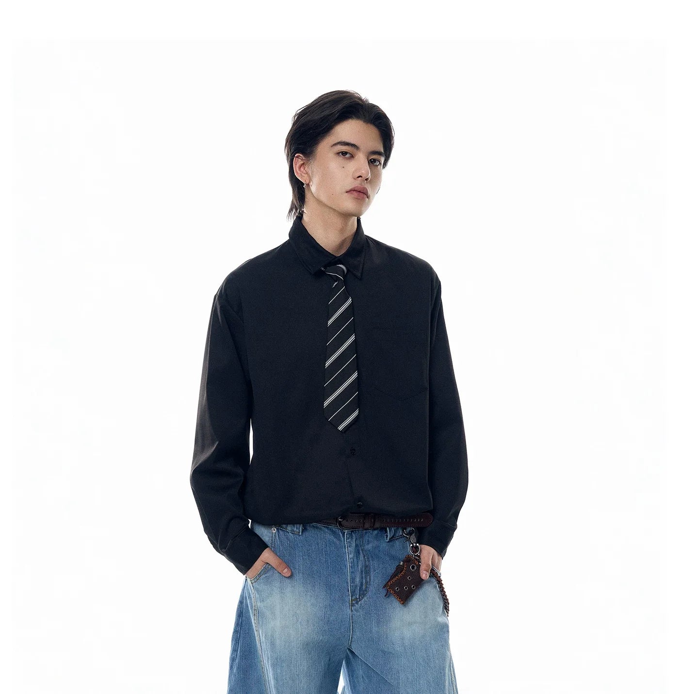 Boxy Long Sleeve Button-Up Shirt with Detachable Tie