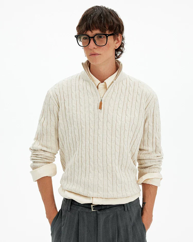 Cable Knit Quarter Zip Pullover with Contrast Zip